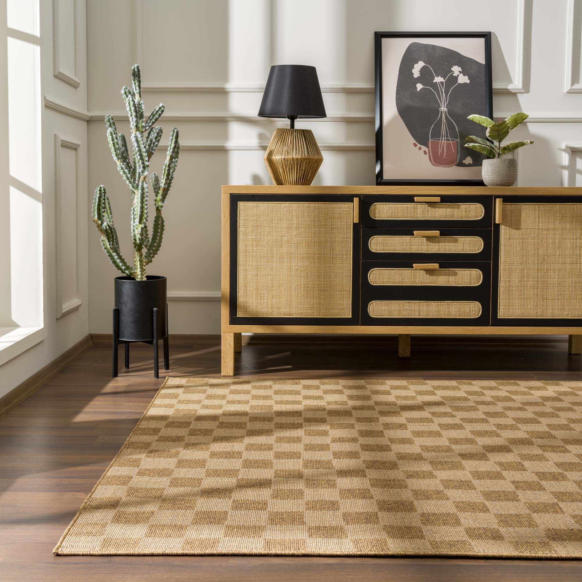 Modern Geometrical Checkered Brown and Ivory Outdoor safe Area Rug - Image 15