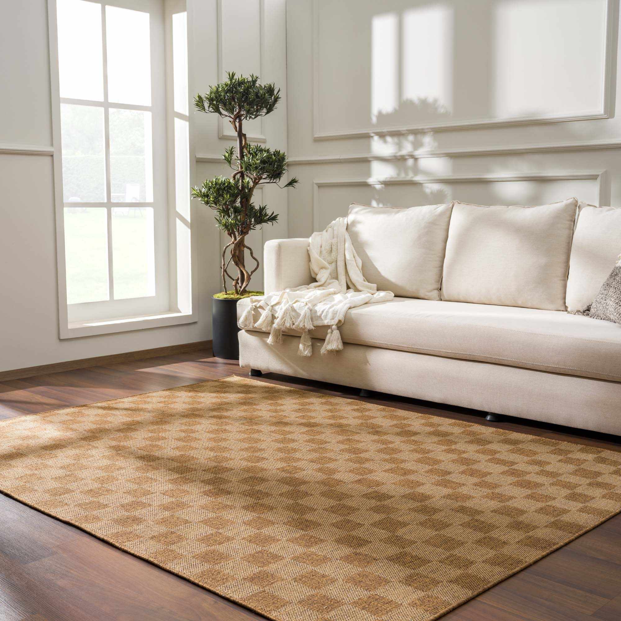 Modern Geometrical Checkered Brown and Ivory Outdoor safe Area Rug - Image 5