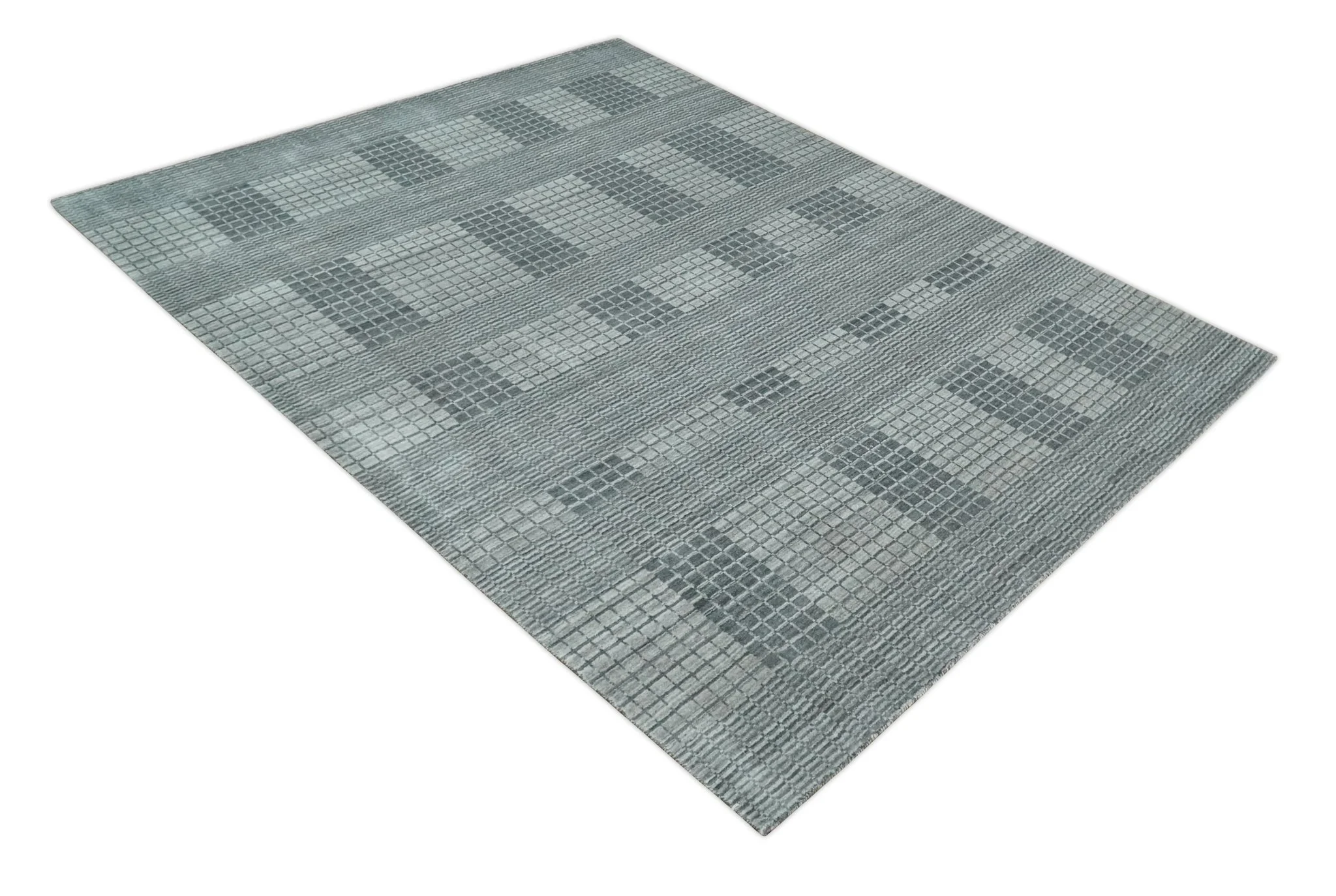 Modern Geometrical Checkered striped Hand Made 8x10 Charcoal, Gray and Silver Scandinavian Blended Wool Flatwoven Area Rug | KE38 - Image 11