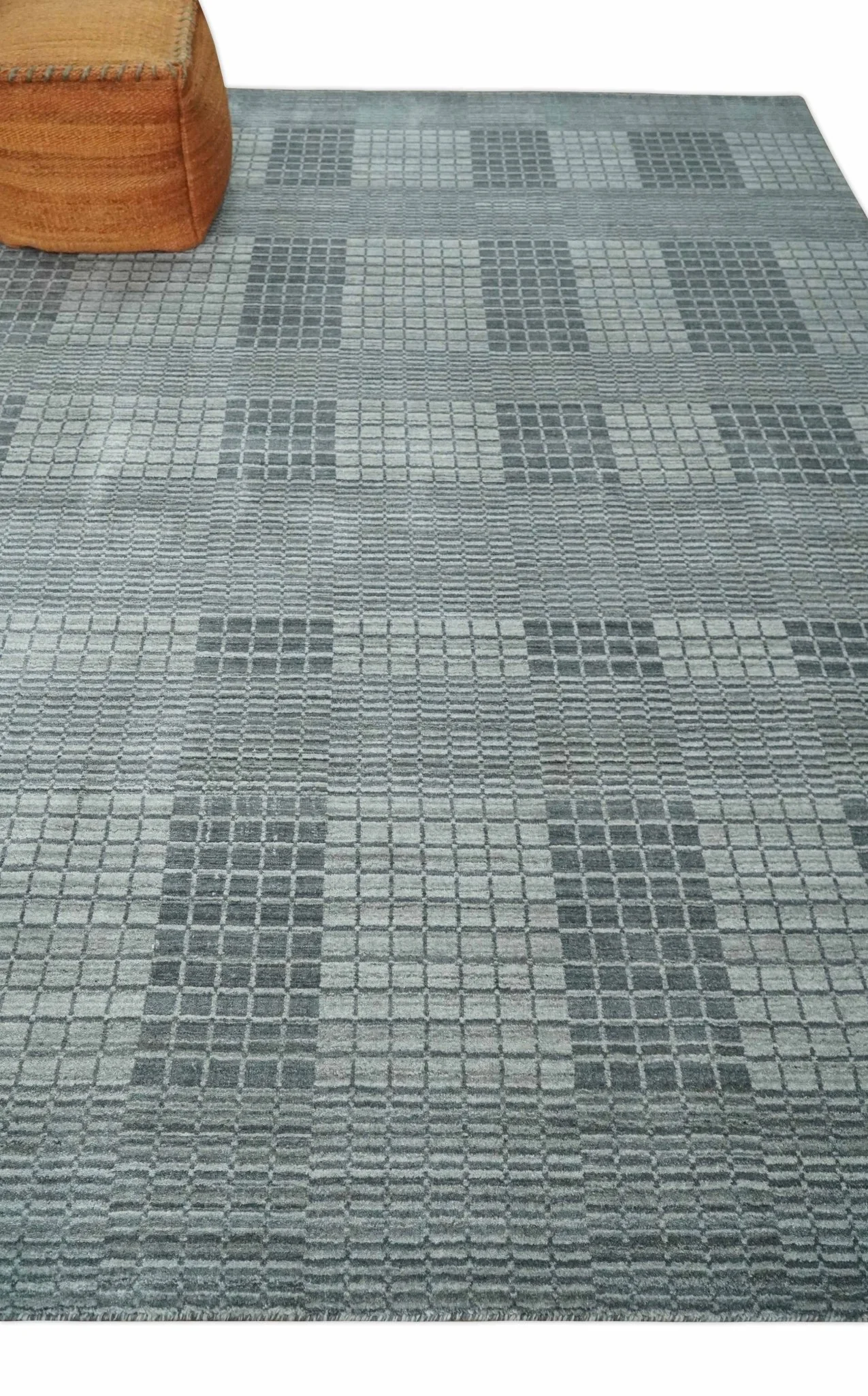 Modern Geometrical Checkered striped Hand Made 8x10 Charcoal, Gray and Silver Scandinavian Blended Wool Flatwoven Area Rug | KE38 - Image 3