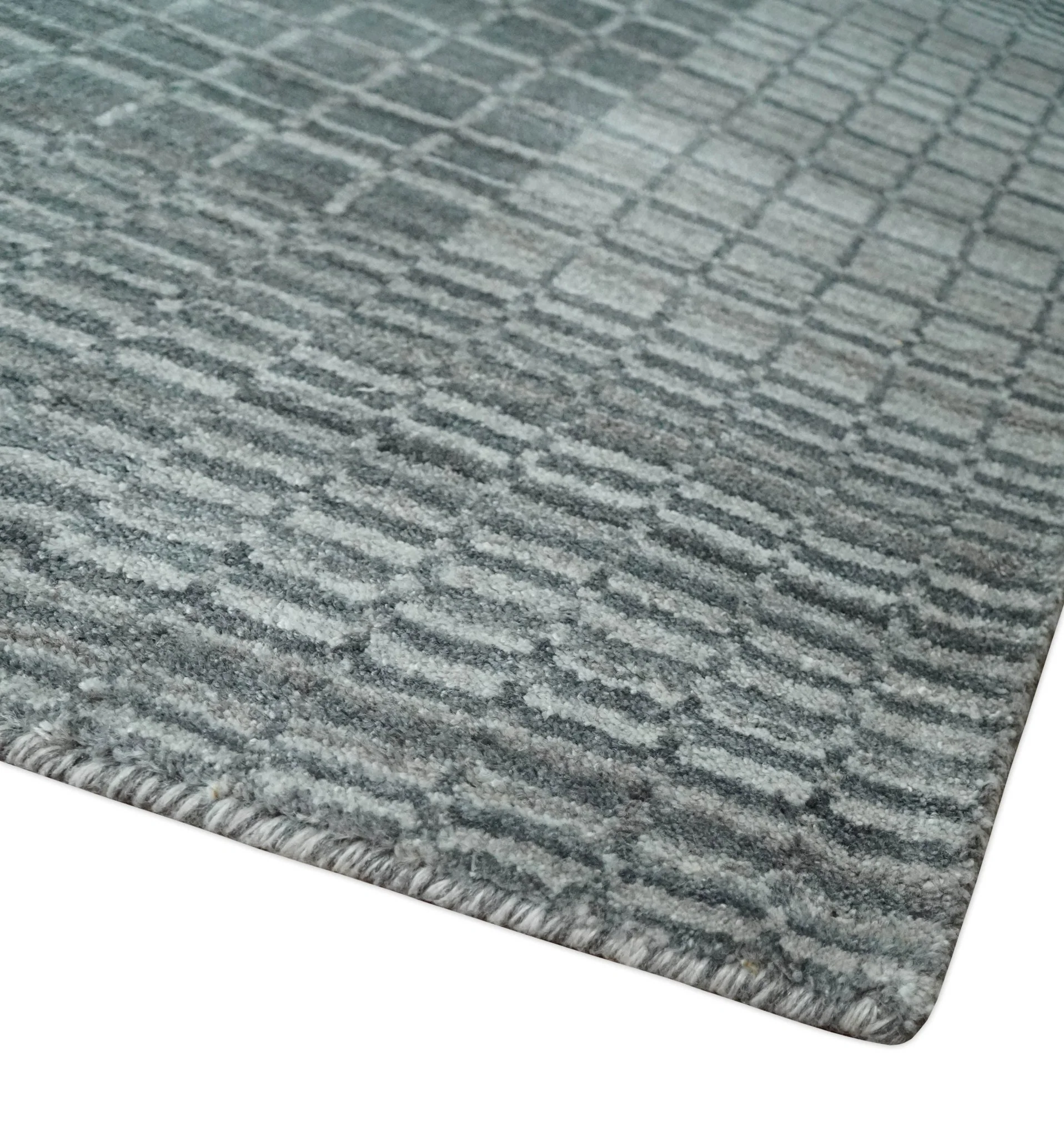 Modern Geometrical Checkered striped Hand Made 8x10 Charcoal, Gray and Silver Scandinavian Blended Wool Flatwoven Area Rug | KE38 - Image 4