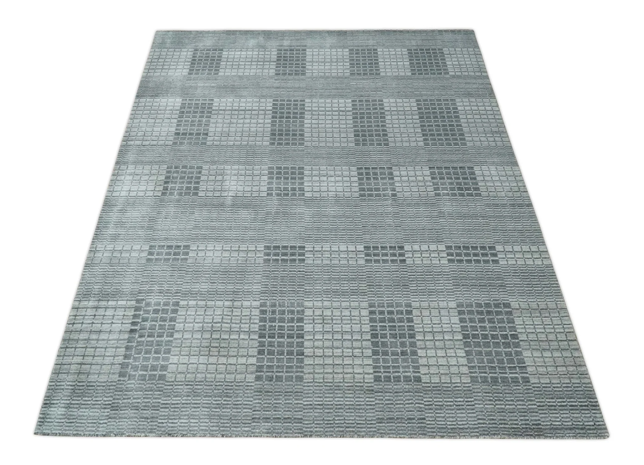 Modern Geometrical Checkered striped Hand Made 8x10 Charcoal, Gray and Silver Scandinavian Blended Wool Flatwoven Area Rug | KE38 - Image 7
