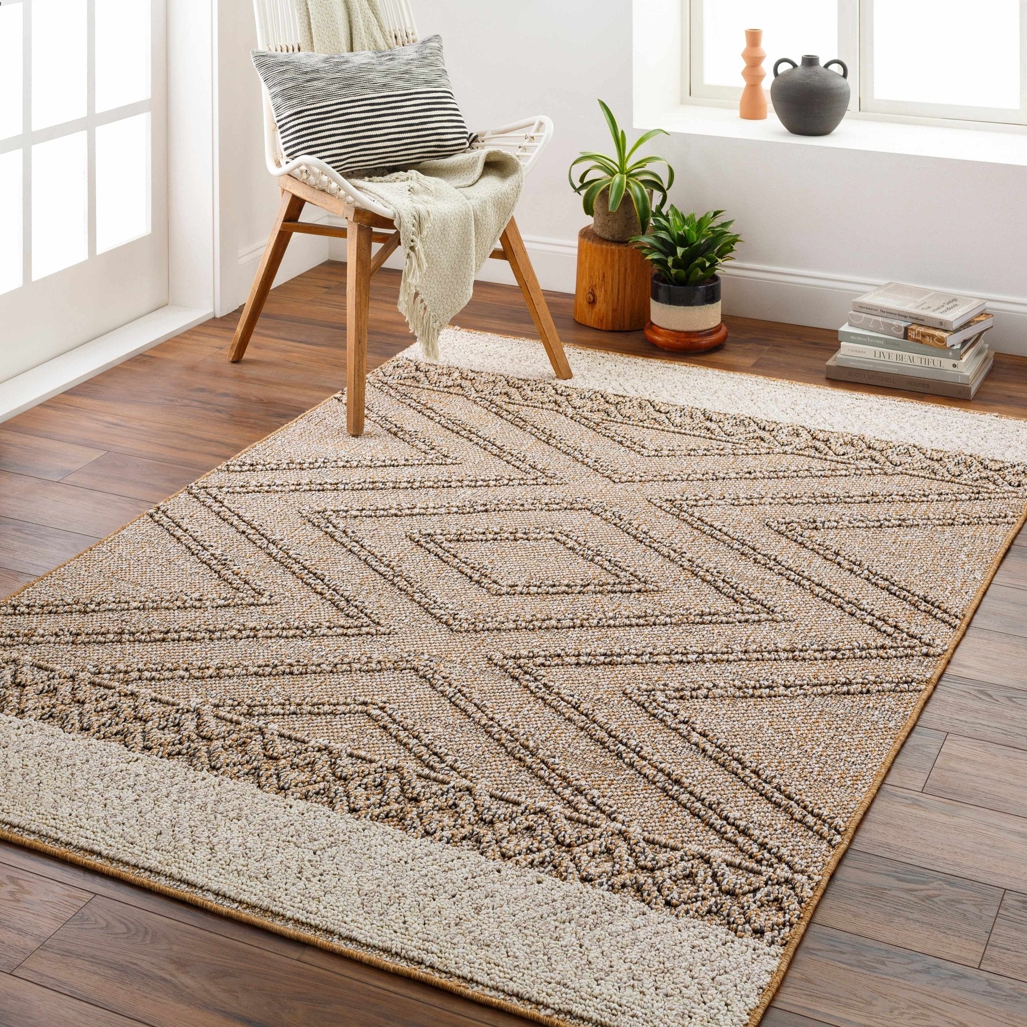 Modern Geometrical Chevron Design Tan and Ivory Outdoor Safe Area Rug - Image 5