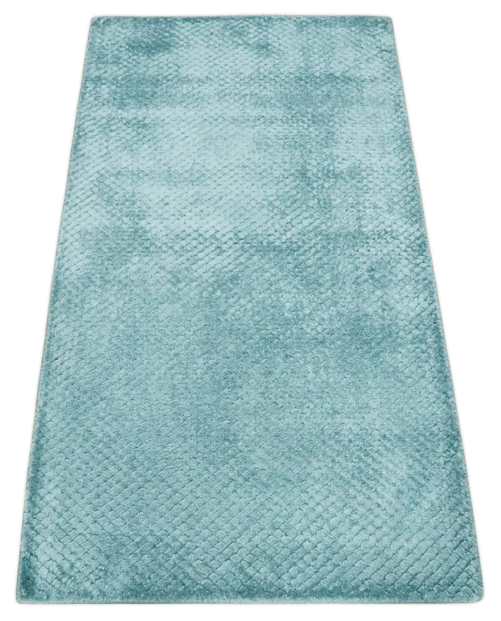 Aqua 2x4 Modern Geometrical Cross Square Hand Made Blue Art silk Area Rug | N4624 - Image 8
