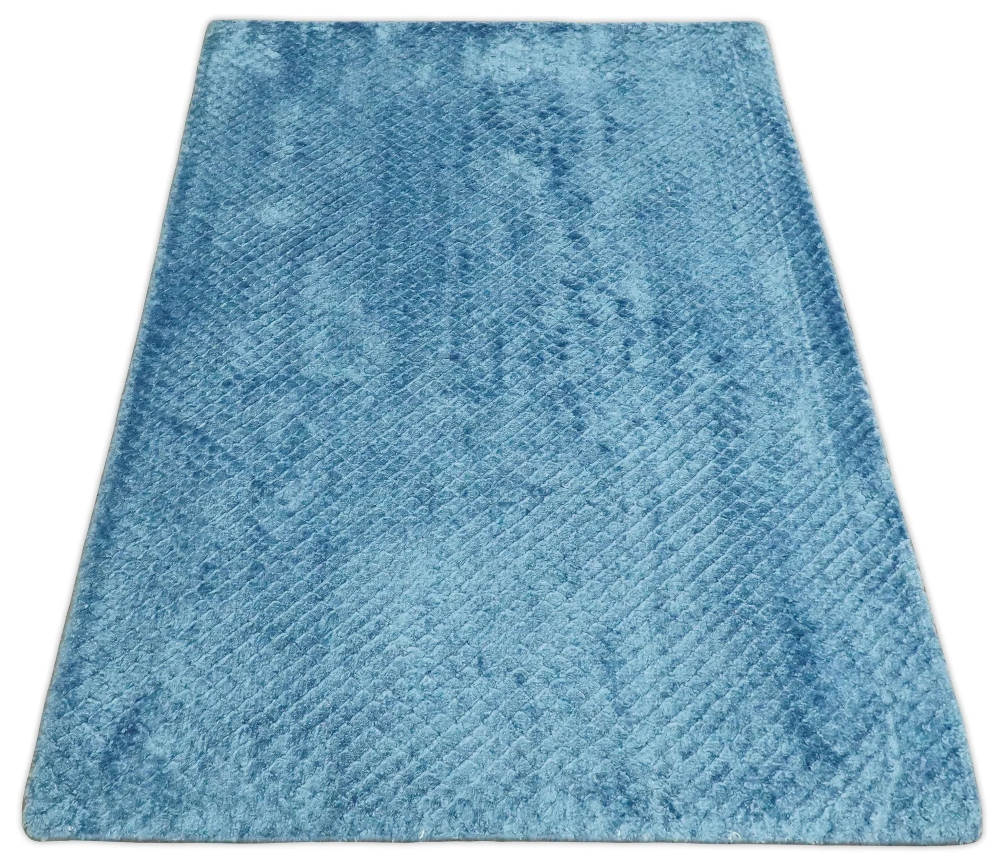 Modern Geometrical Cross Square Hand Made 2x3 Aqua Blue Art silk Area Rug - Image 9
