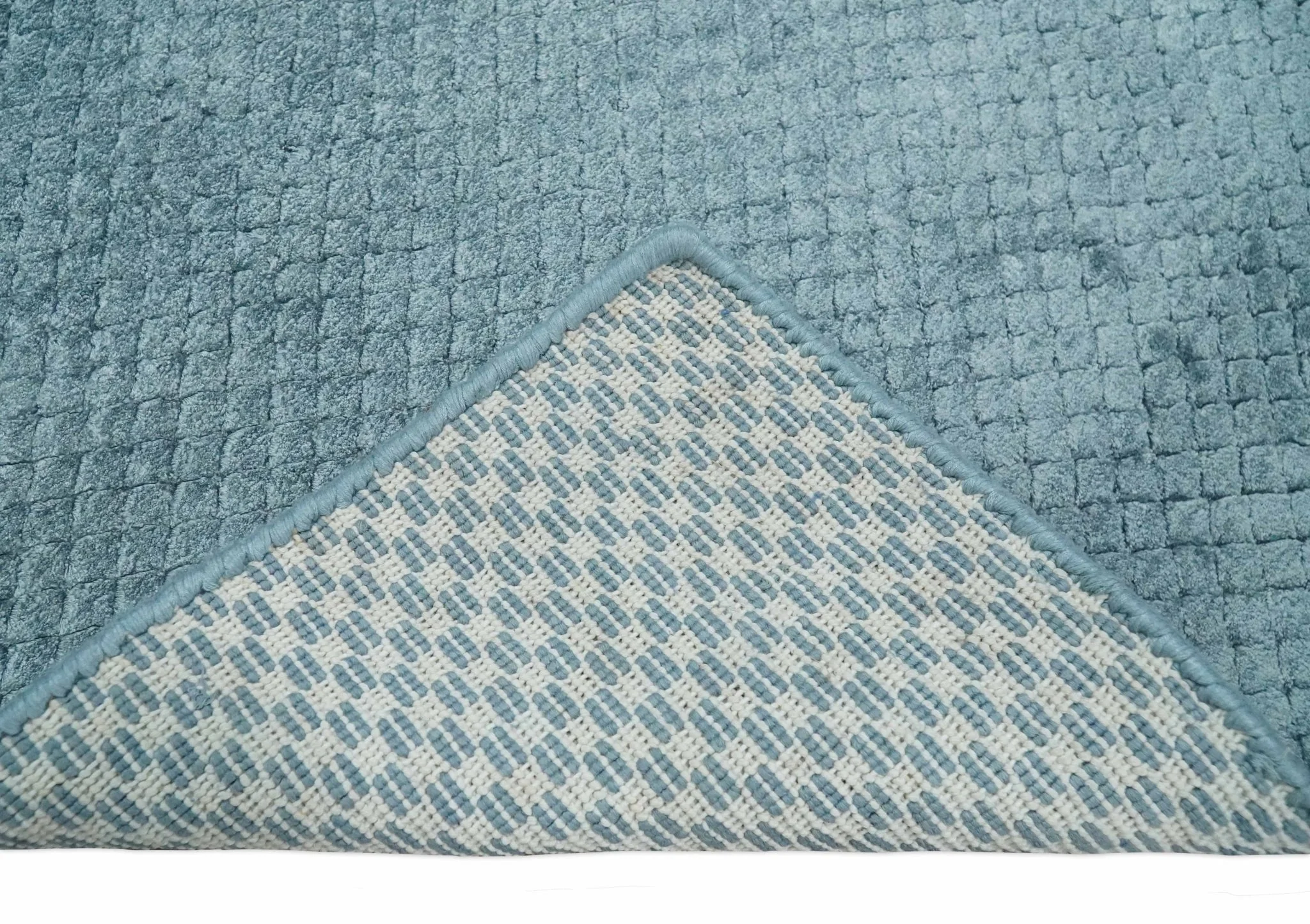 Modern Geometrical Cross Square Hand Made 2x4 Aqua Blue Art Silk Area Rug - Image 3