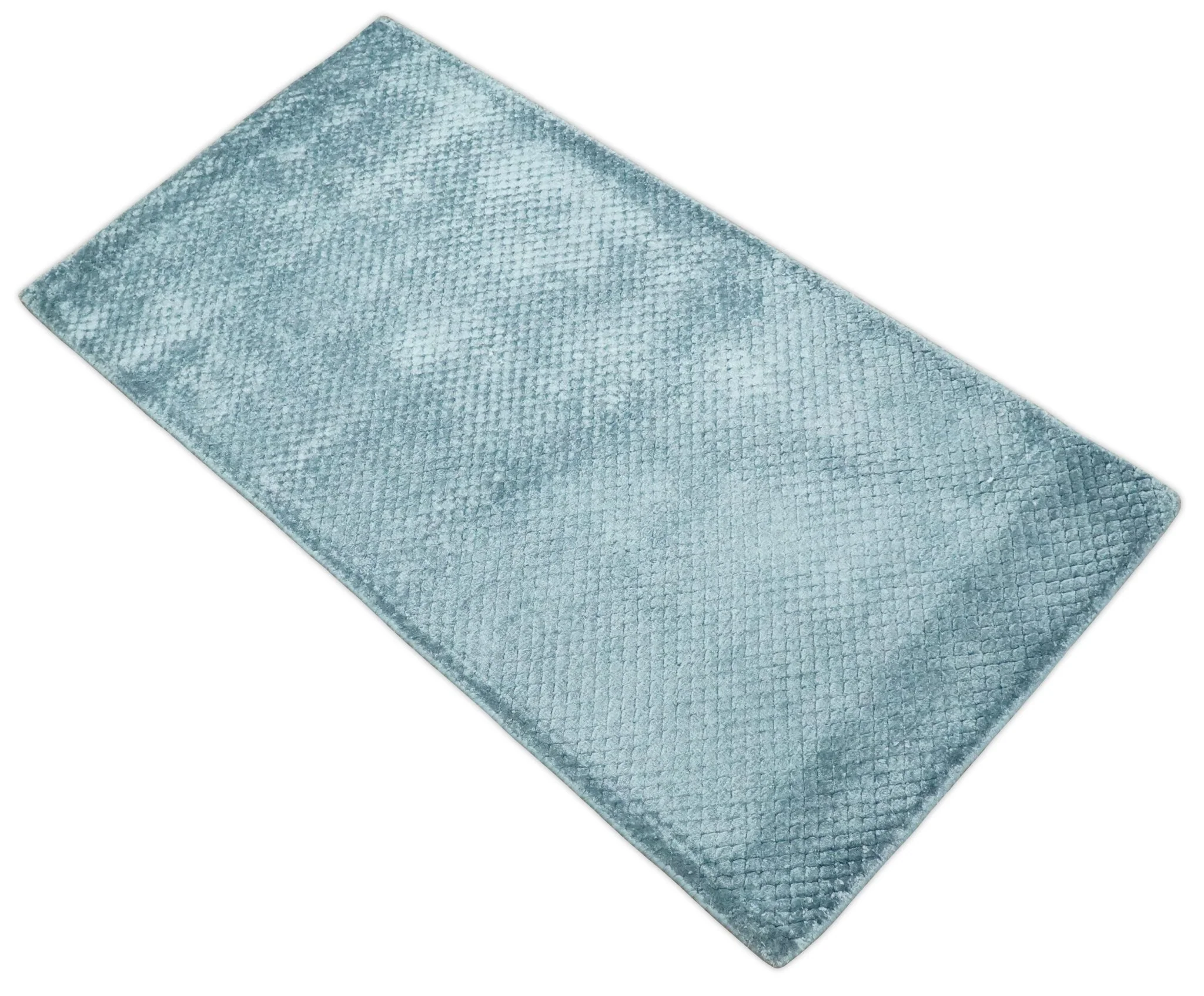 Modern Geometrical Cross Square Hand Made 2x4 Aqua Blue Art Silk Area Rug - Image 4