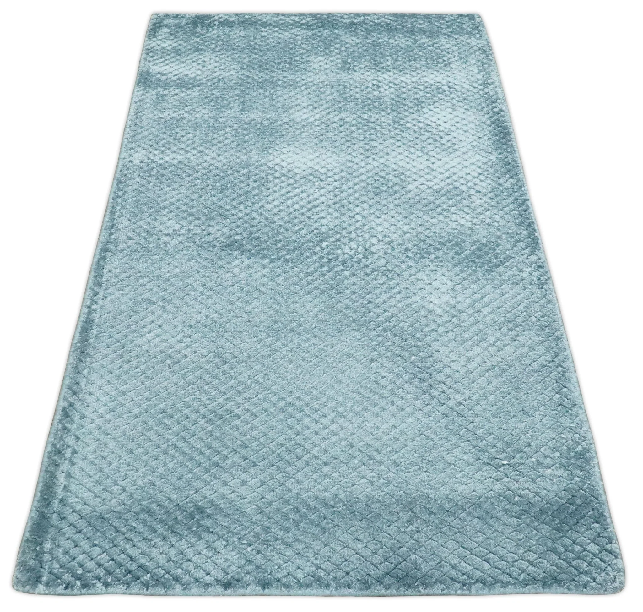 Modern Geometrical Cross Square Hand Made 2x4 Aqua Blue Art Silk Area Rug - Image 5