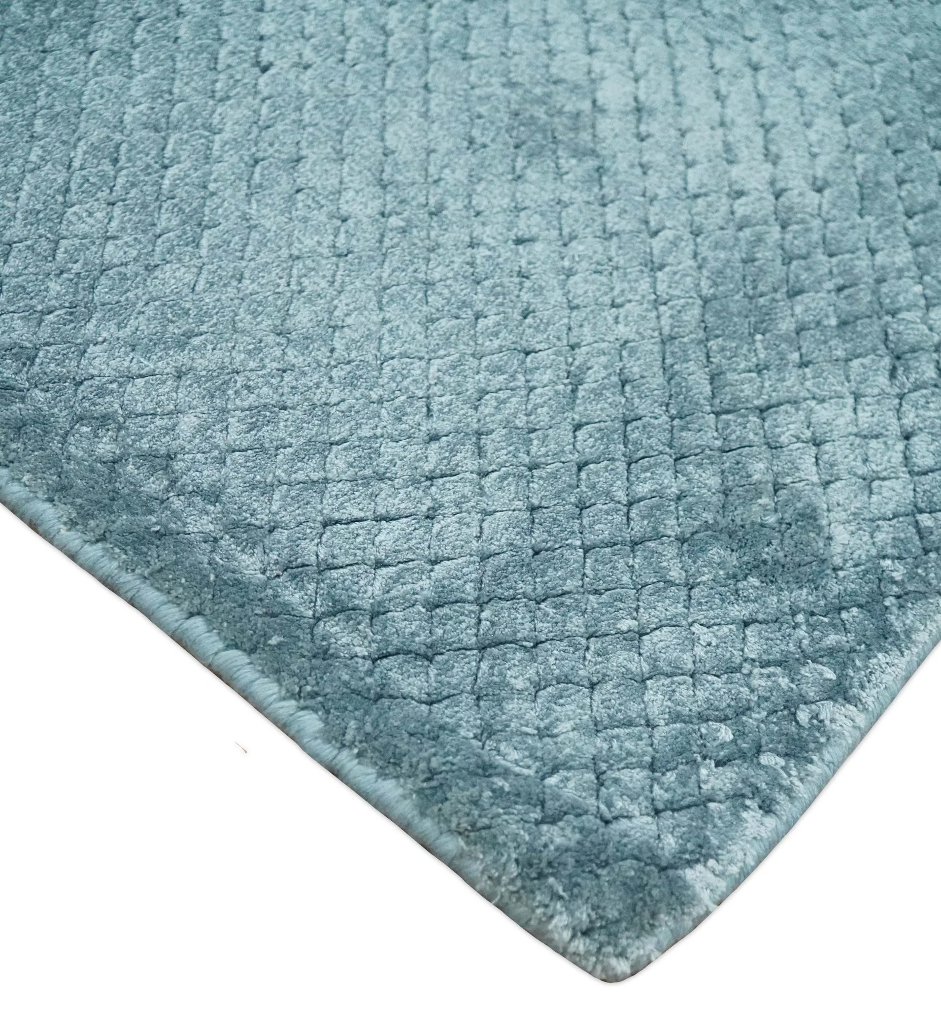 Modern Geometrical Cross Square Hand Made 2x4 Aqua Blue Art Silk Area Rug - Image 6
