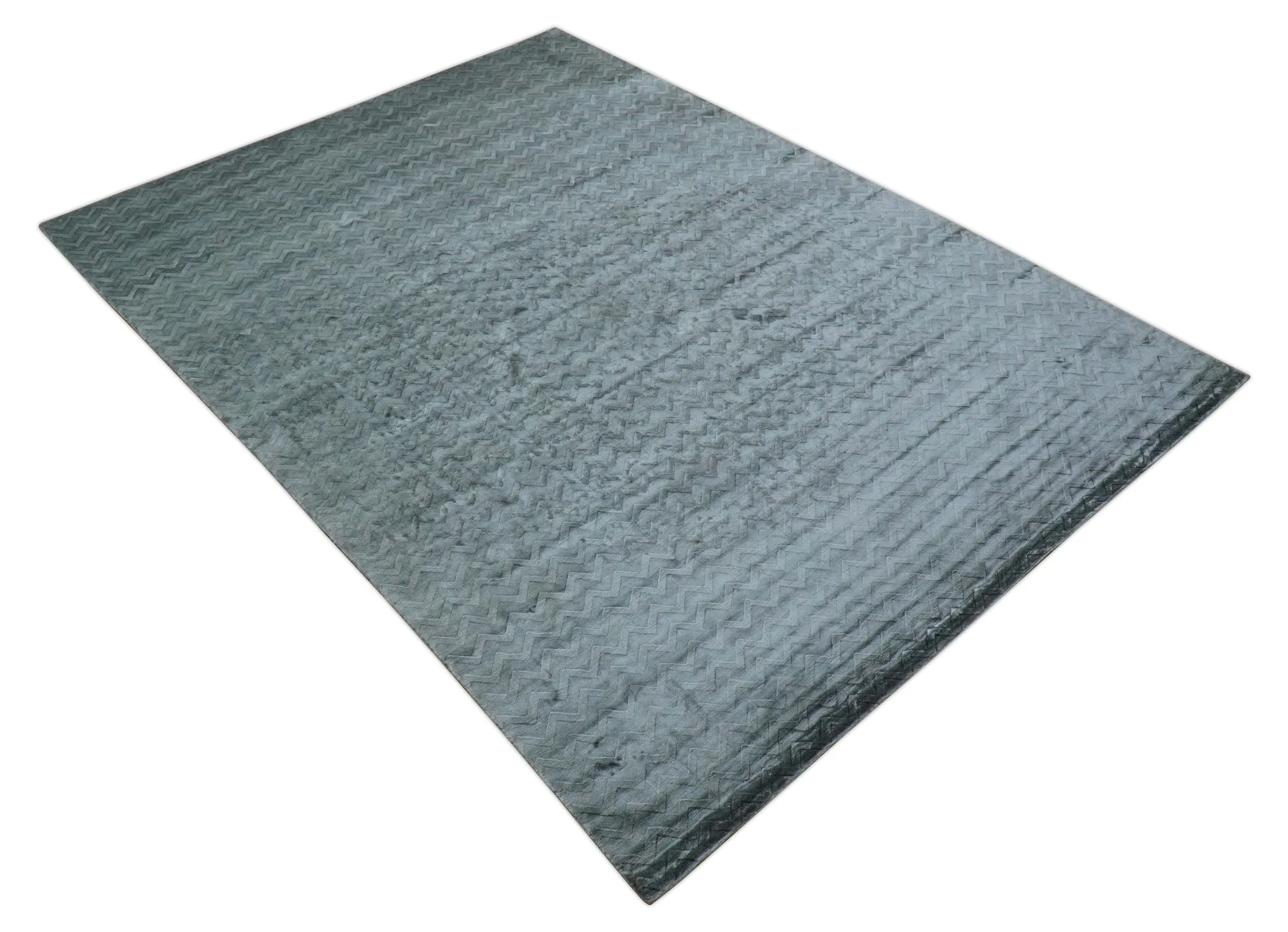 Modern Geometrical Design Dark Teal Hand Loom 9.5x13 Art Silk Area Rug - Image 10