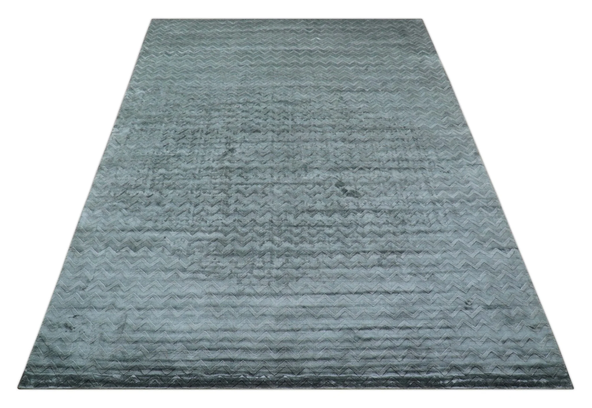 Modern Geometrical Design Dark Teal Hand Loom 9.5x13 Art Silk Area Rug - Image 11