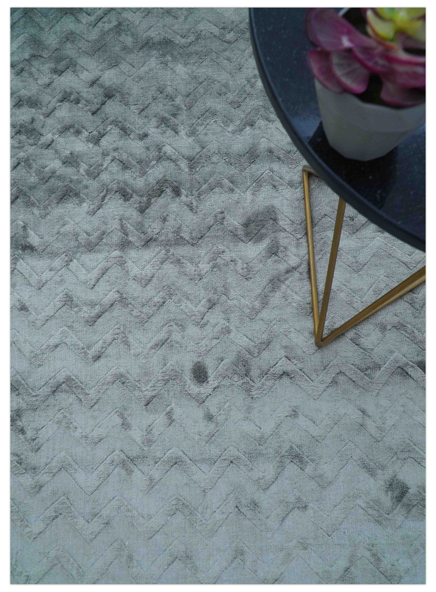 Modern Geometrical Design Dark Teal Hand Loom 9.5x13 Art Silk Area Rug - Image 3