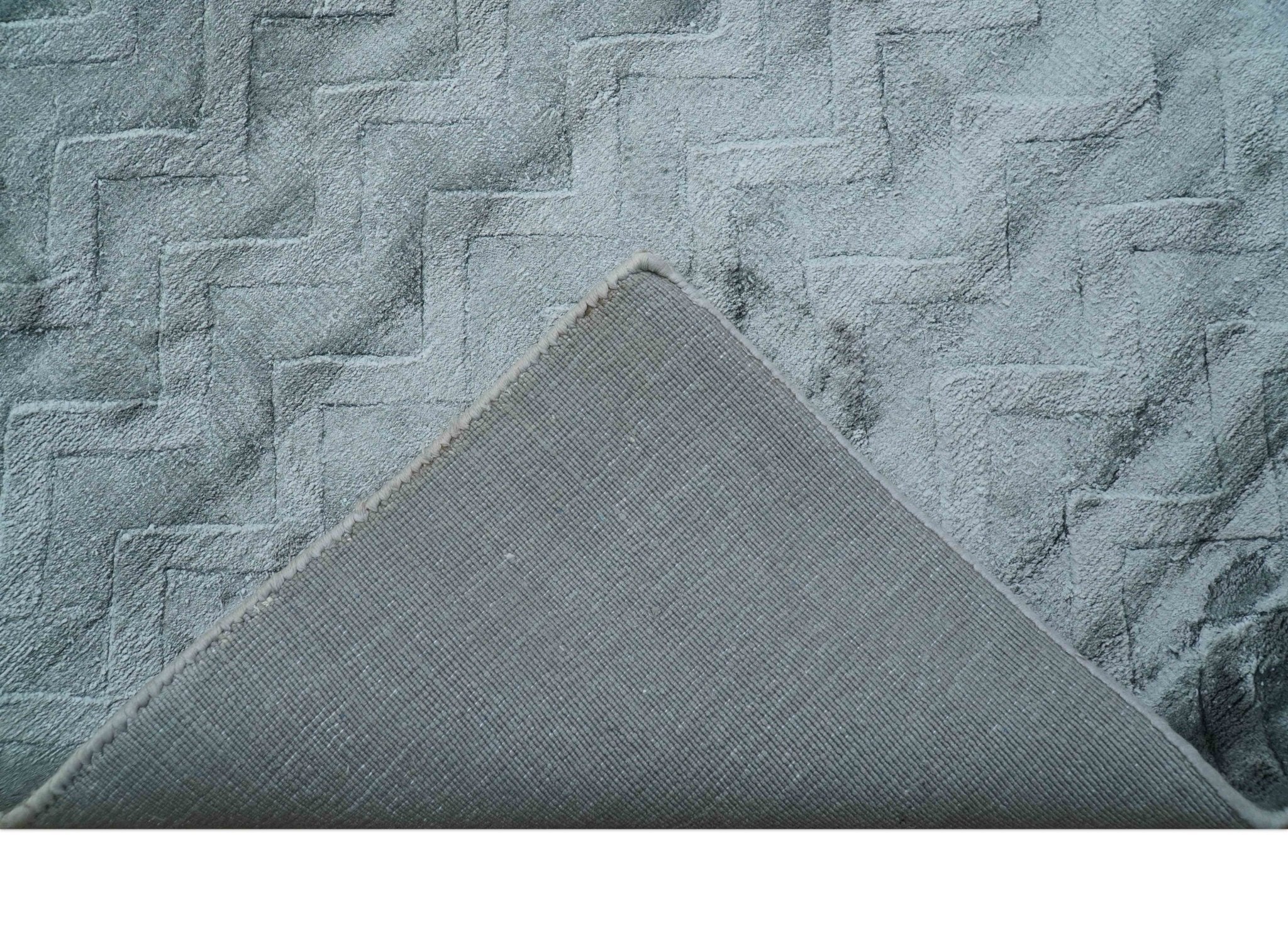 Modern Geometrical Design Dark Teal Hand Loom 9.5x13 Art Silk Area Rug - Image 6