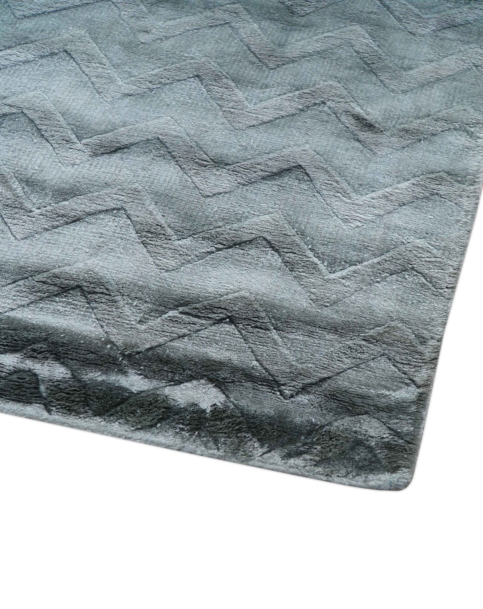 Modern Geometrical Design Dark Teal Hand Loom 9.5x13 Art Silk Area Rug - Image 9