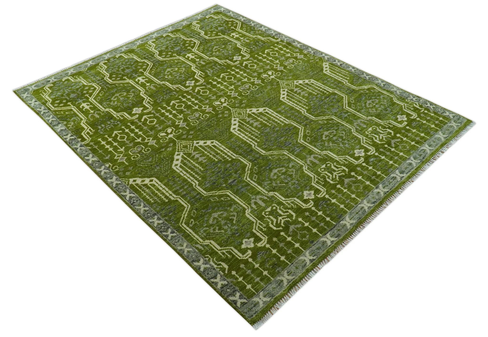 Contemporary Traditional Design Green And Beige Hand Knotted Custom Made Wool Rug - Image 10
