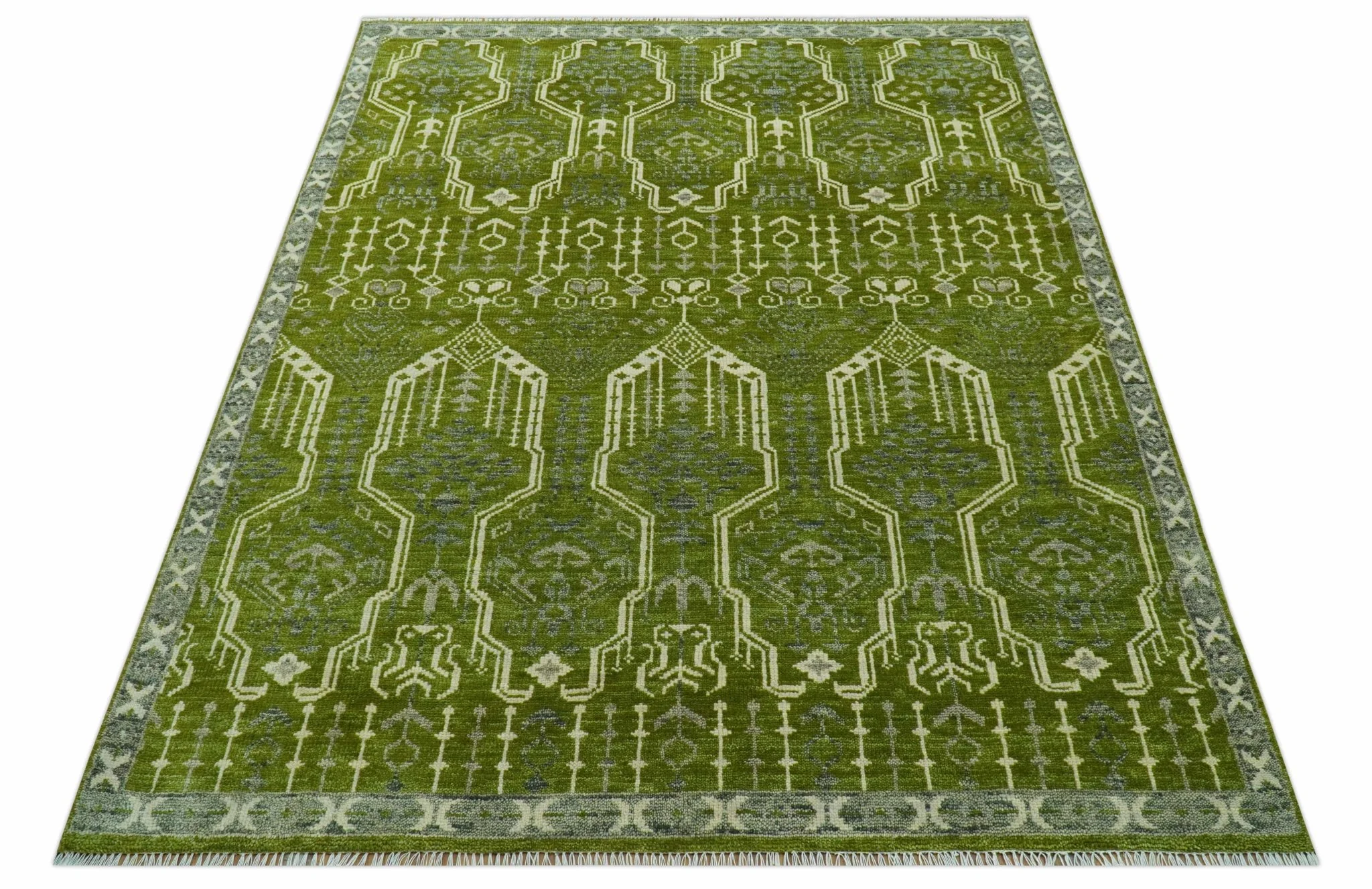 Contemporary Traditional Design Green And Beige Hand Knotted Custom Made Wool Rug - Image 11