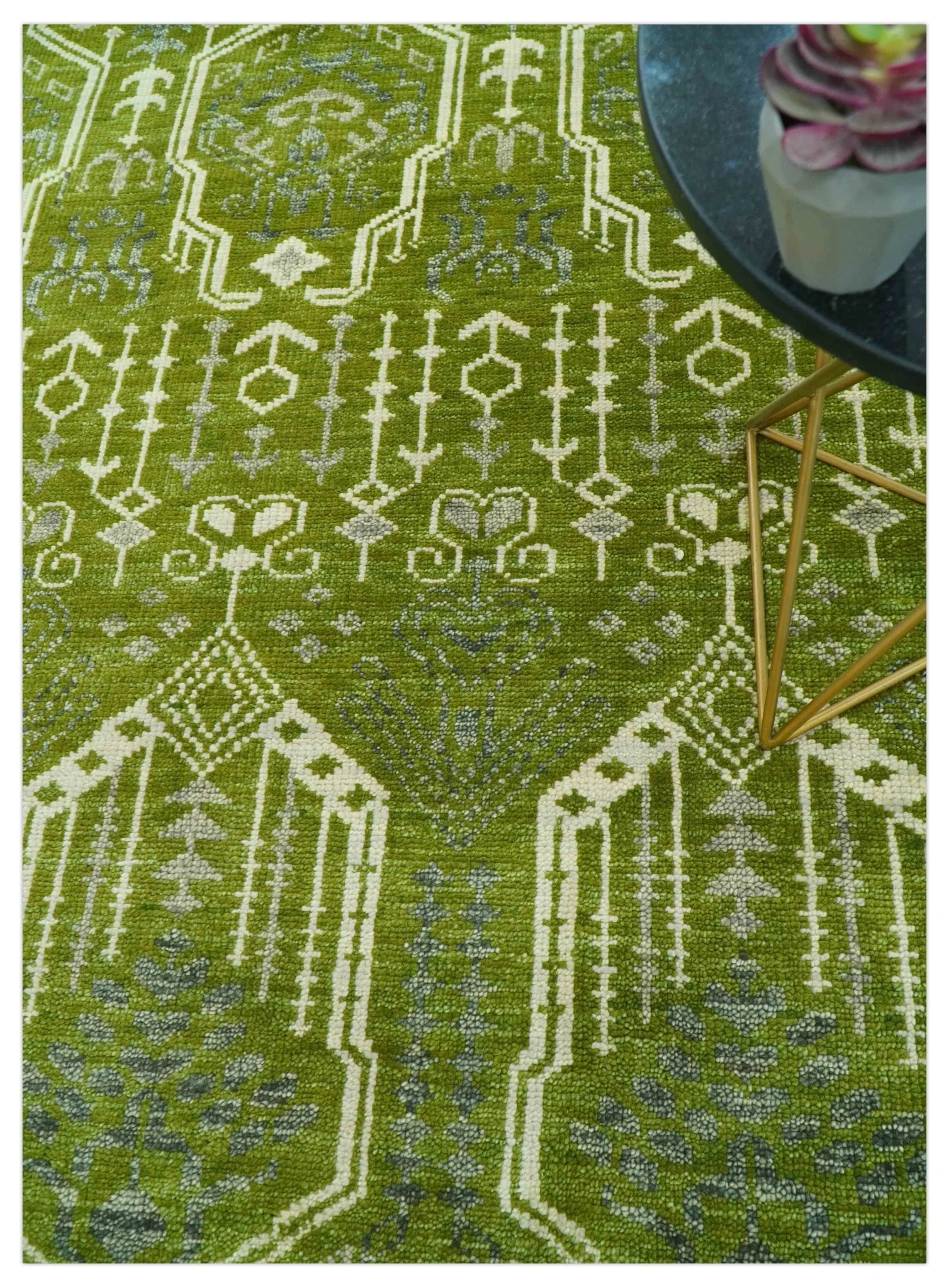 Contemporary Traditional Design Green And Beige Hand Knotted Custom Made Wool Rug - Image 8