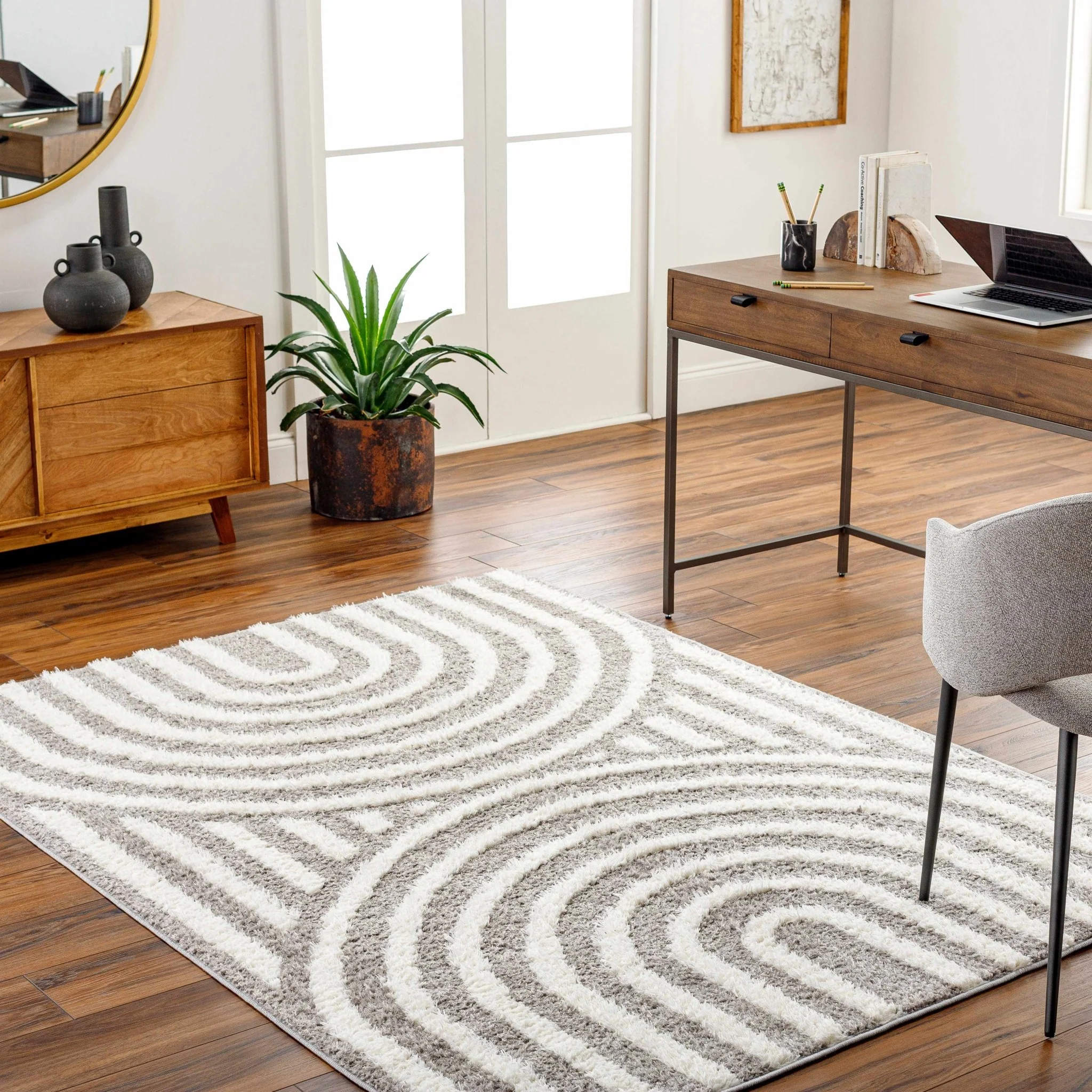 Modern Geometrical Gray and Ivory Plush Pile area rug - Image 8