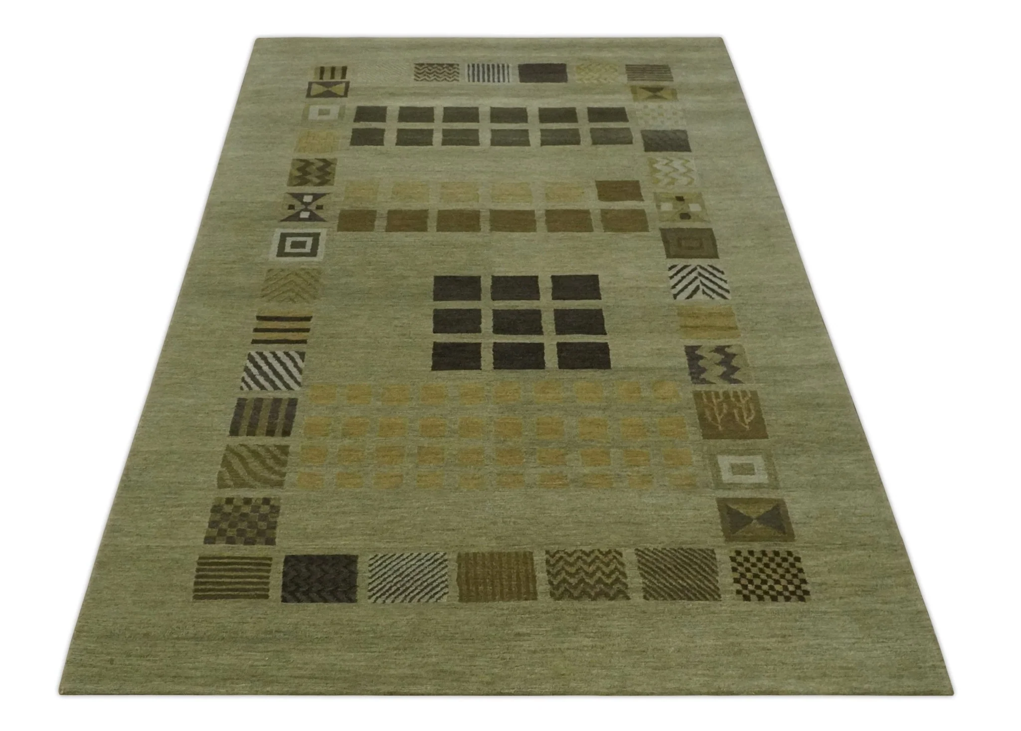 Modern Geometrical Green, Charcoal and Brown Hand loom 5x8 wool Area Rug - Image 10