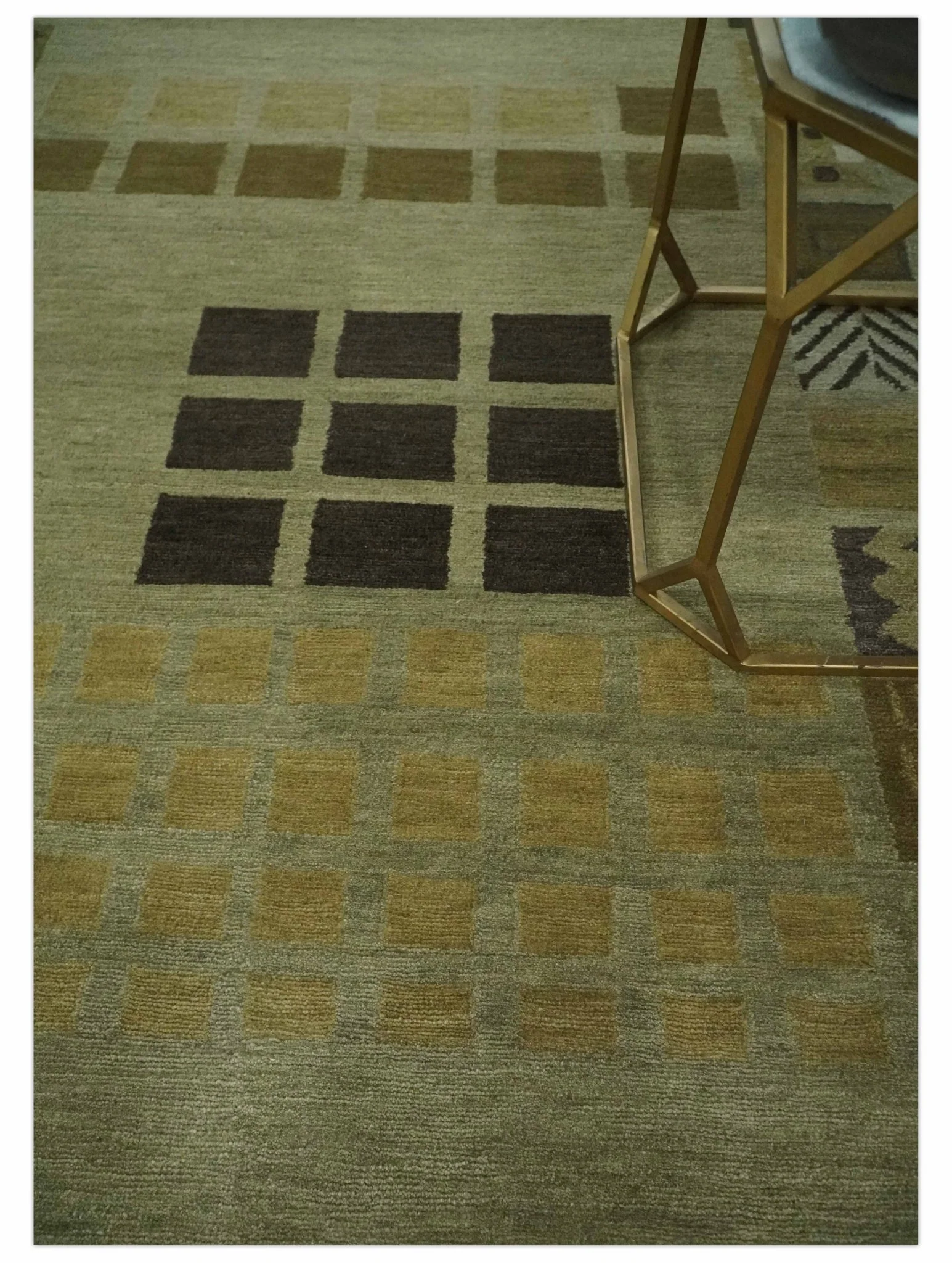 Modern Geometrical Green, Charcoal and Brown Hand loom 5x8 wool Area Rug - Image 2