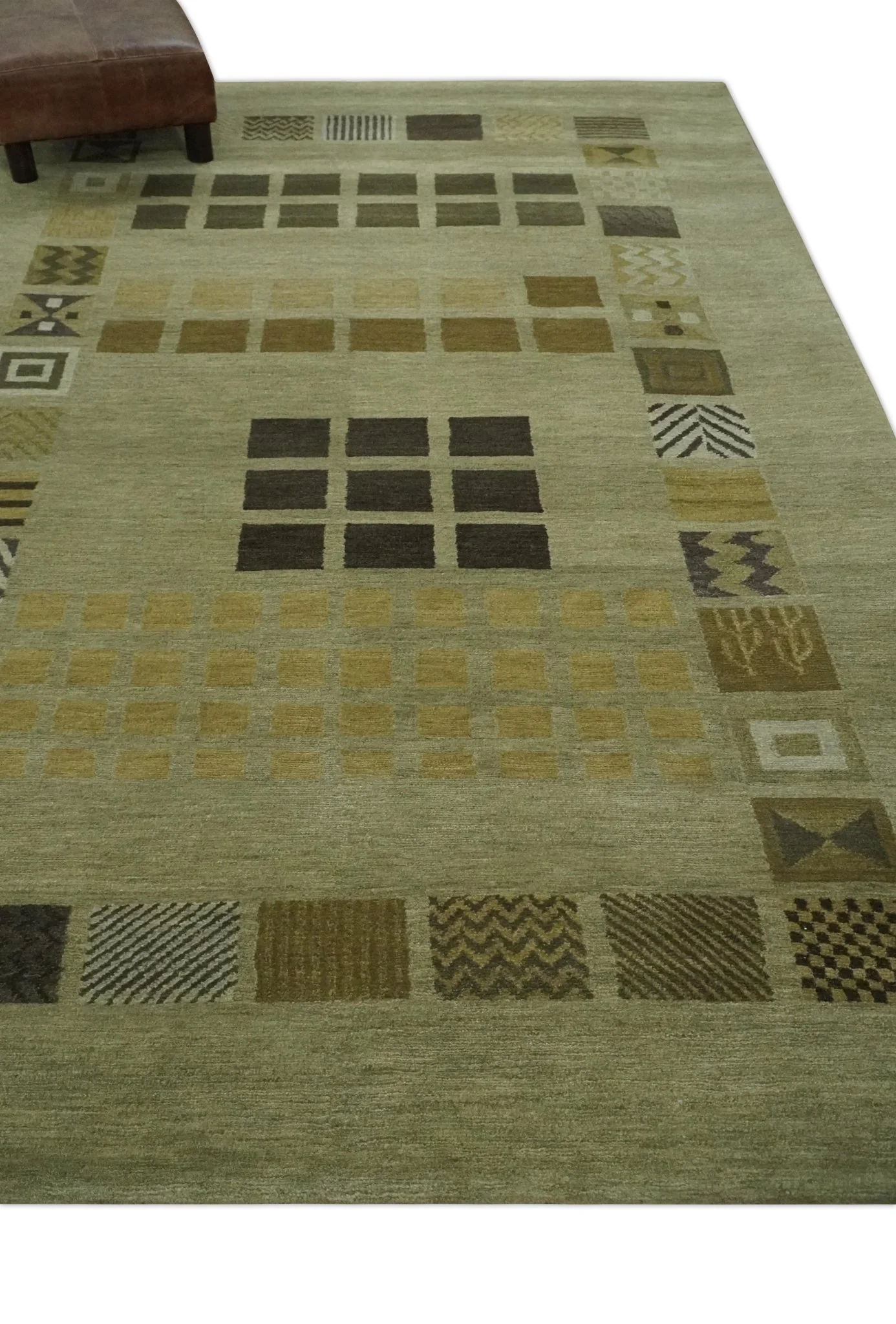 Modern Geometrical Green, Charcoal and Brown Hand loom 5x8 wool Area Rug - Image 3