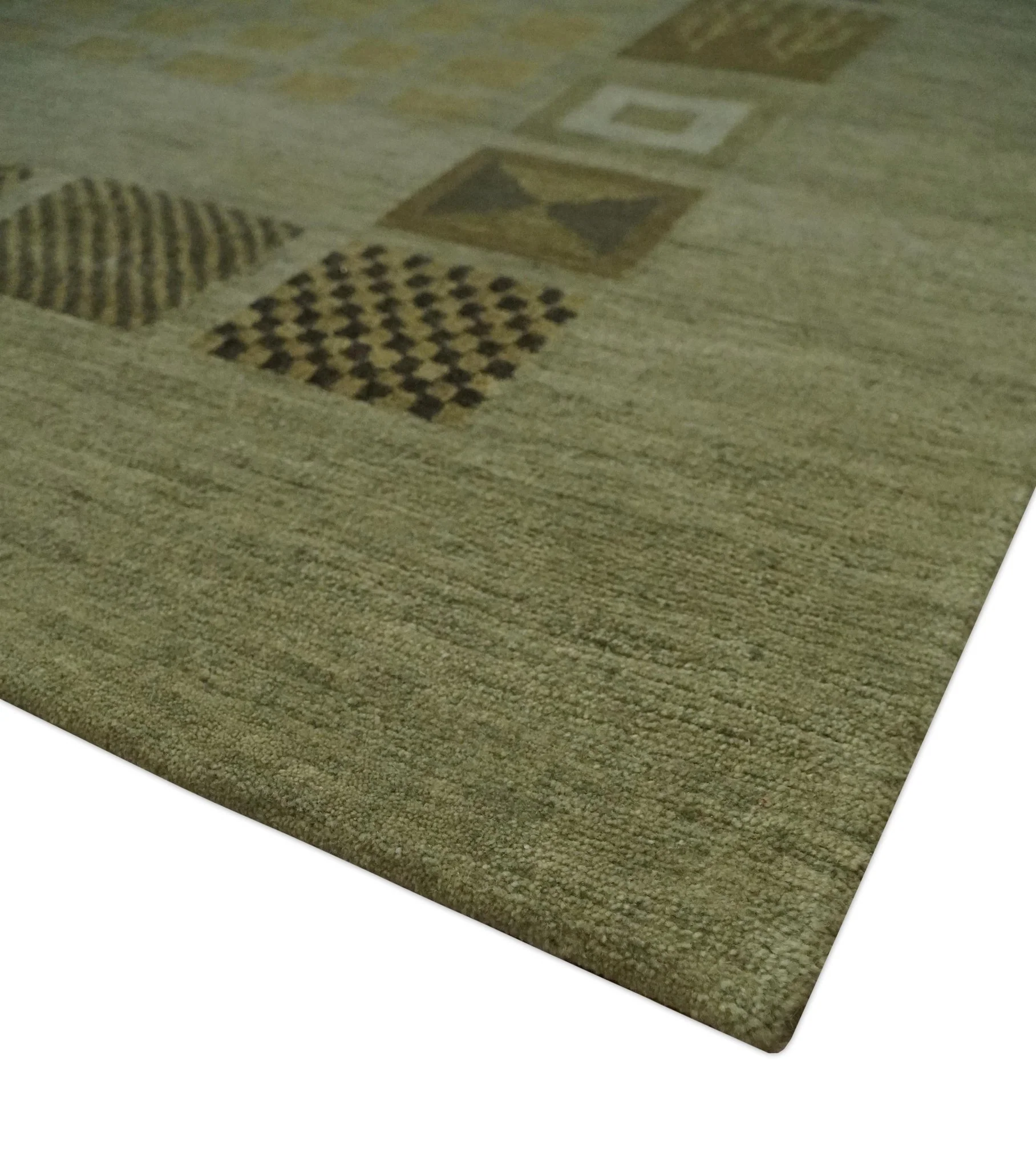 Modern Geometrical Green, Charcoal and Brown Hand loom 5x8 wool Area Rug - Image 5