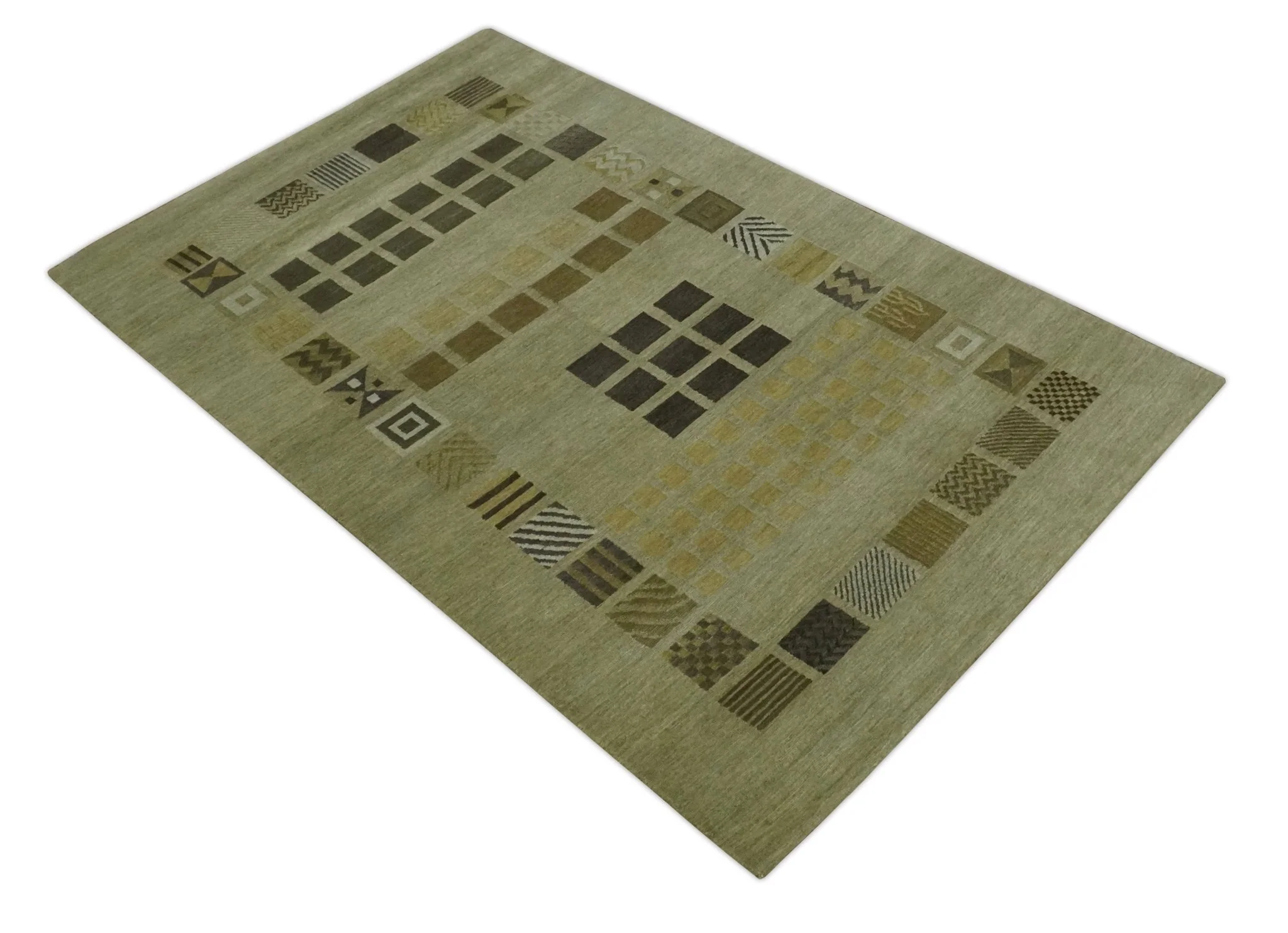 Modern Geometrical Green, Charcoal and Brown Hand loom 5x8 wool Area Rug - Image 9