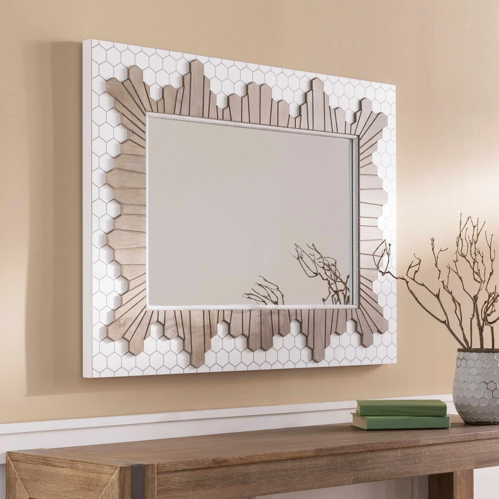Modern Geometrical Honey Comb Design White and Brown Rectangle Wall Mirror - Image 2
