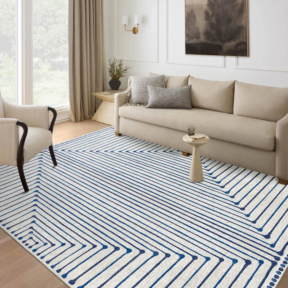 Modern Geometrical Ivory And Blue Machine Washable Cotton Rug - Image 2