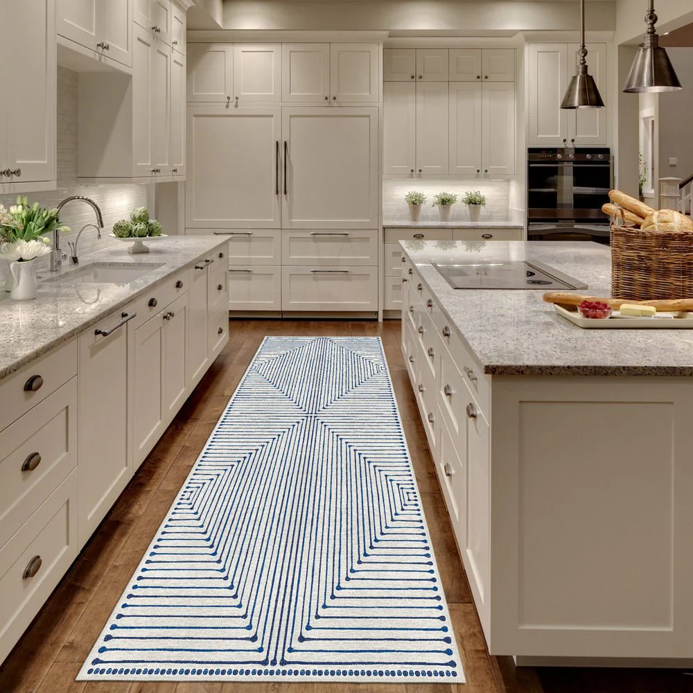 Modern Geometrical Ivory And Blue Machine Washable Cotton Rug - Image 3