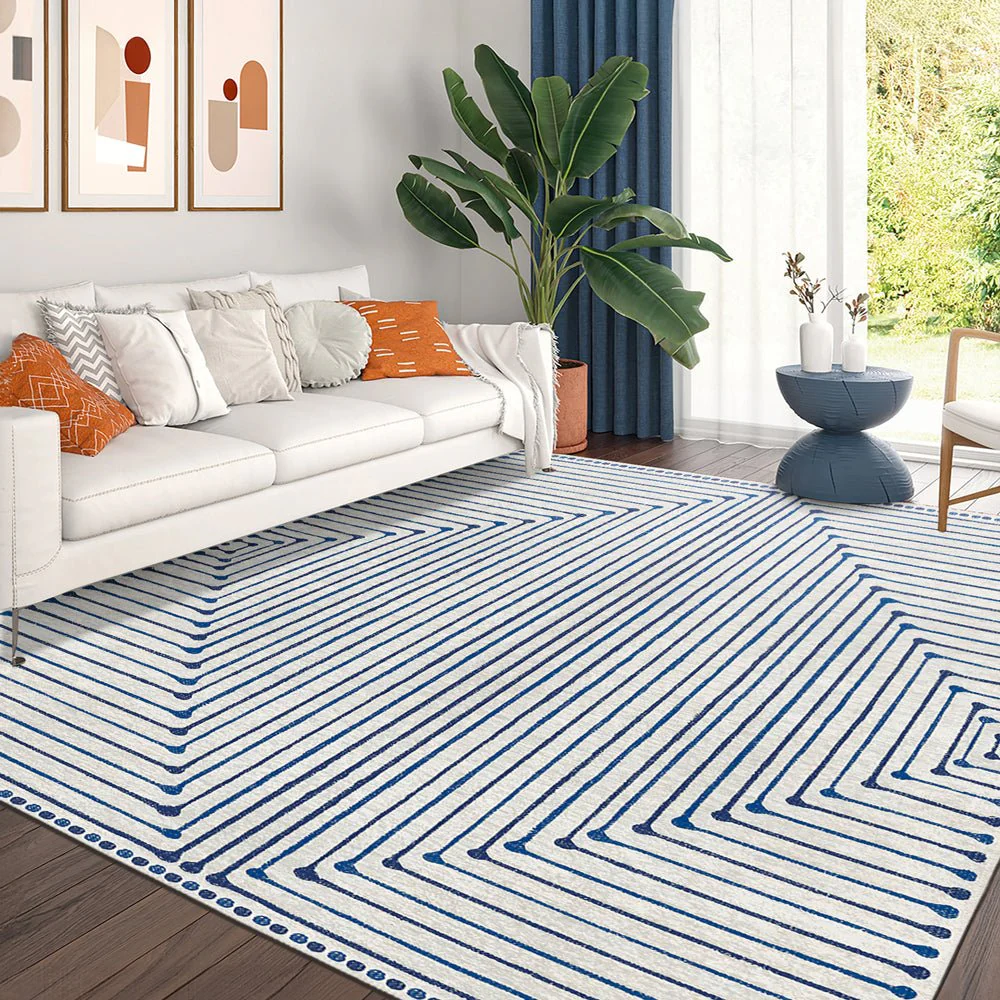 Modern Geometrical Ivory And Blue Machine Washable Cotton Rug - Image 4