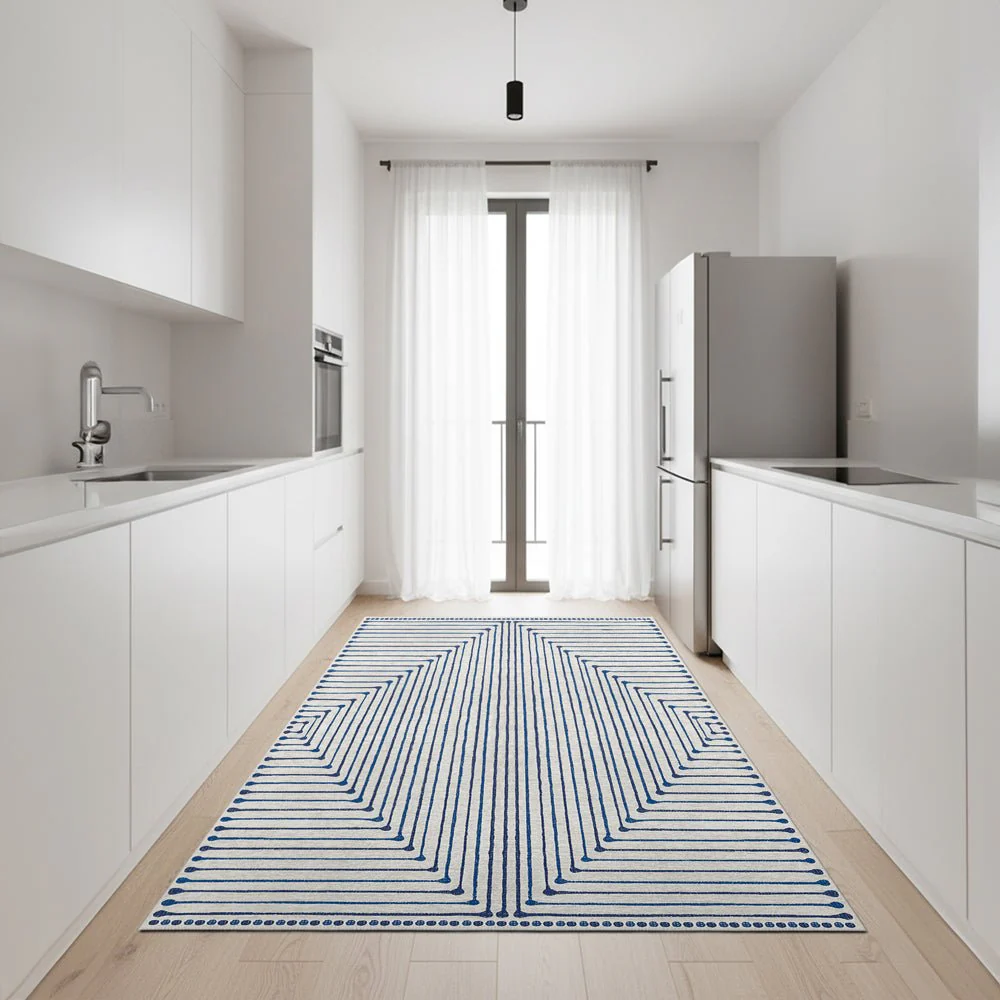 Modern Geometrical Ivory And Blue Machine Washable Cotton Rug - Image 5