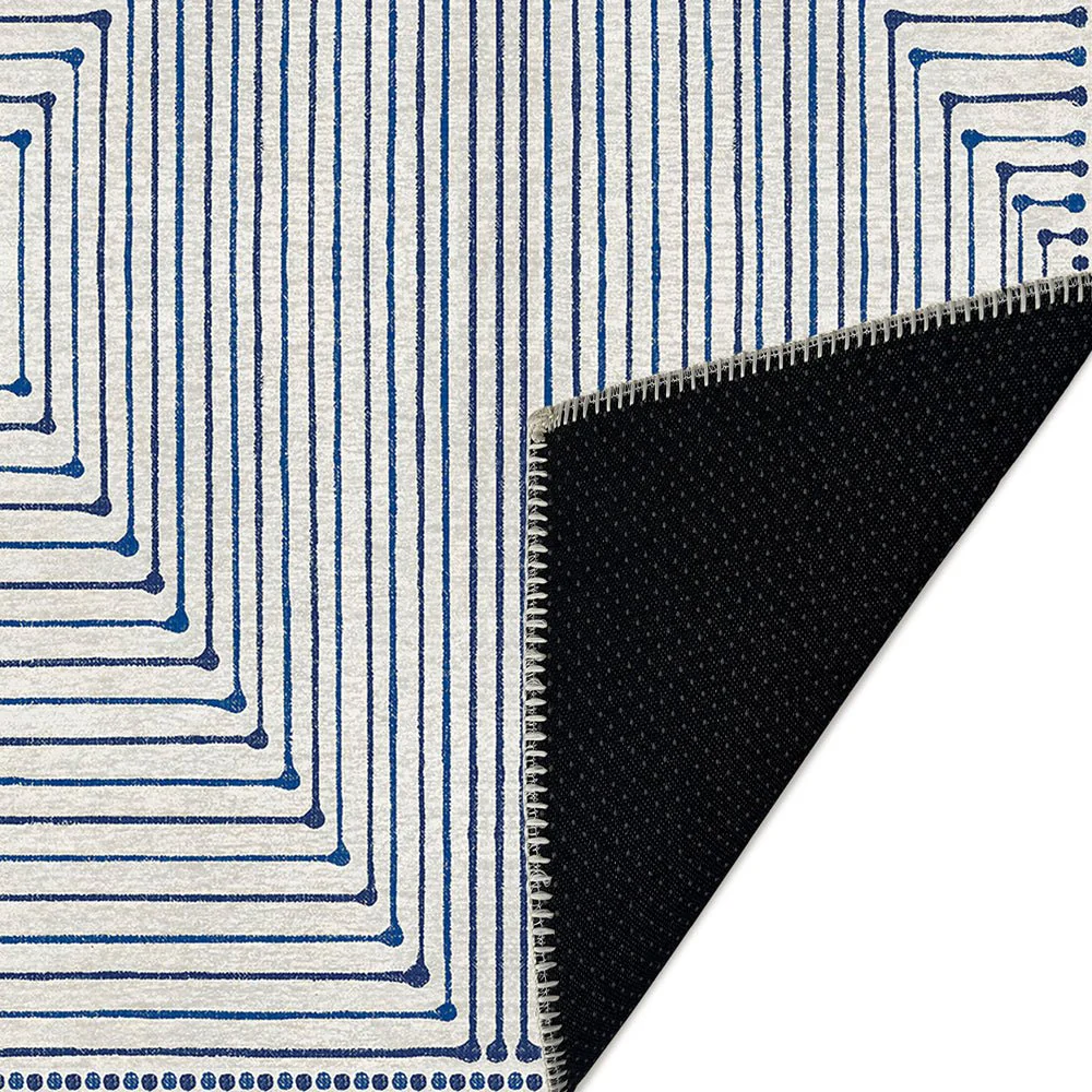 Modern Geometrical Ivory And Blue Machine Washable Cotton Rug - Image 6