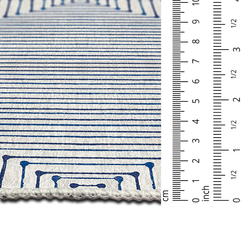 Modern Geometrical Ivory And Blue Machine Washable Cotton Rug - Image 7