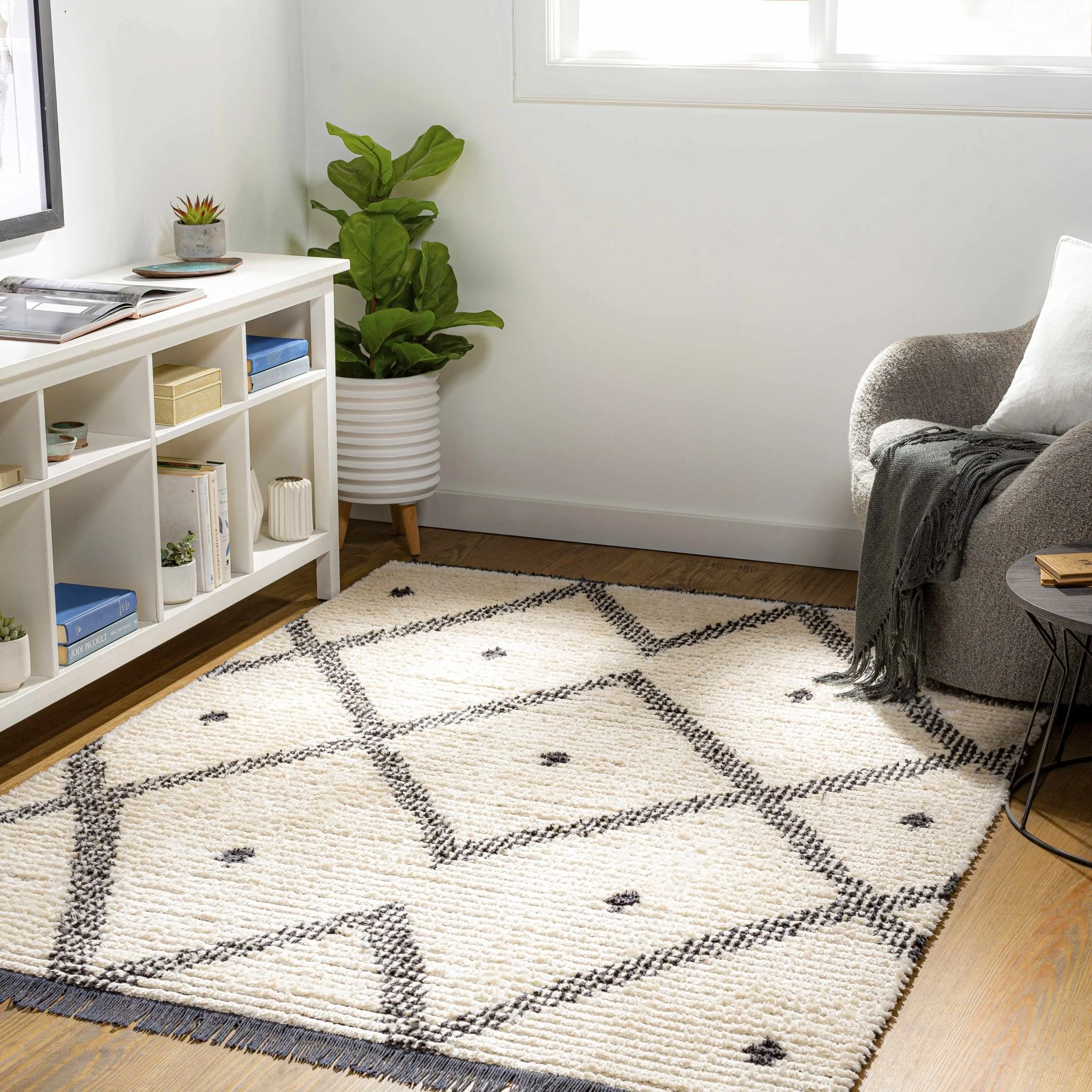Modern Geometrical Ivory and Charcoal Stripes texture area rug - Image 6