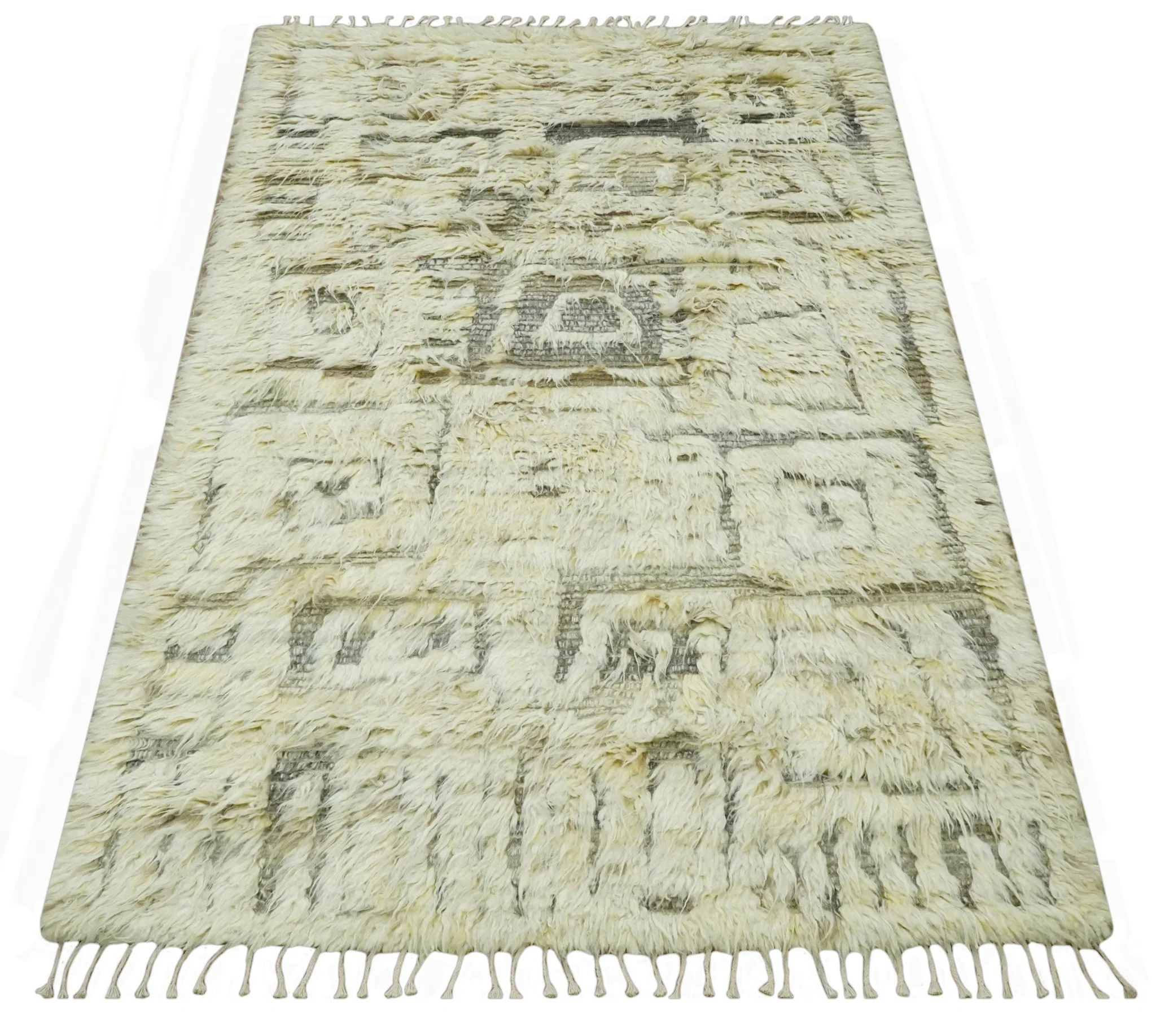Modern Geometrical Ivory and Gray Texture 9x12 Moroccan Style Plush Pile wool Rug - Image 11