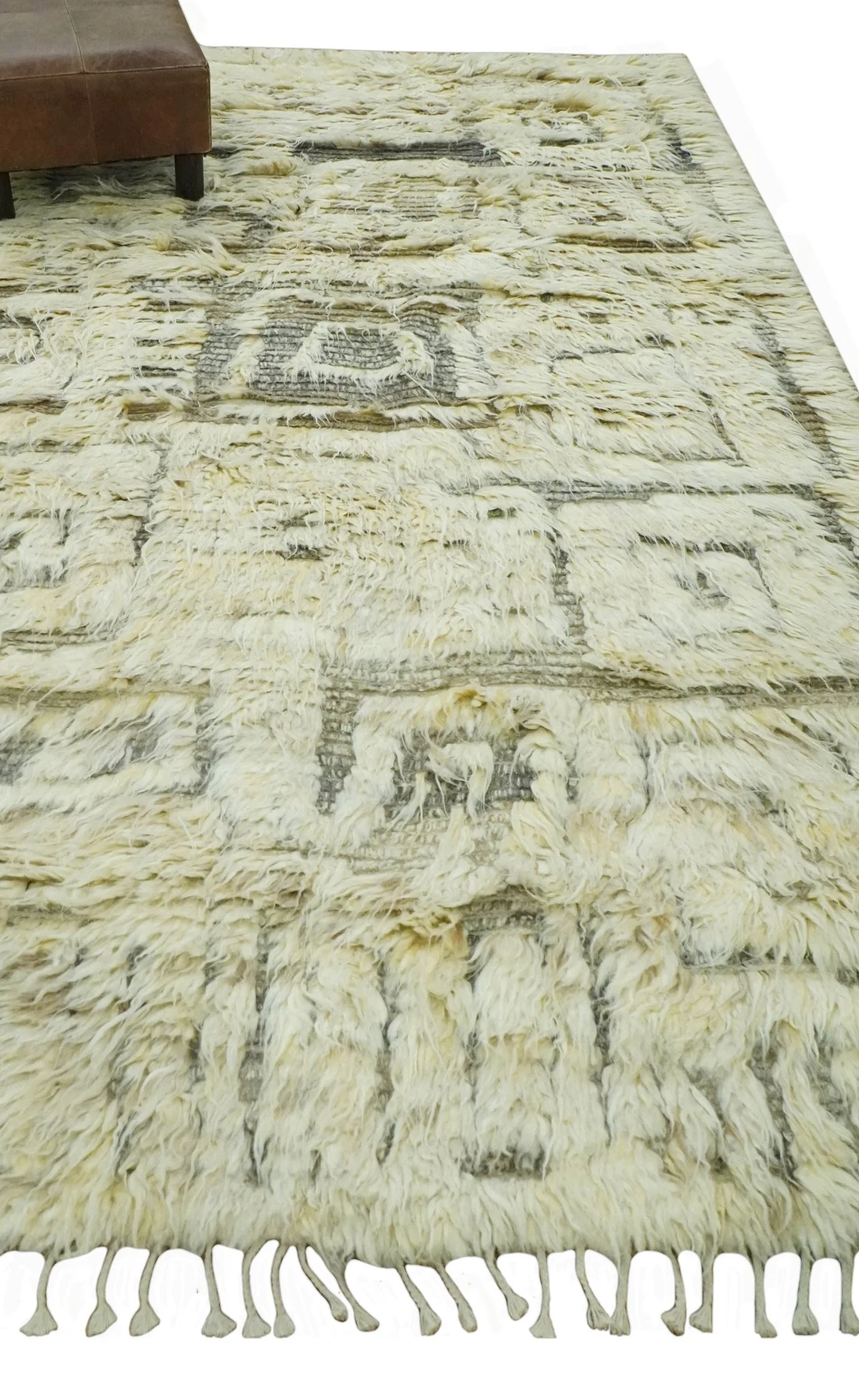 Modern Geometrical Ivory and Gray Texture 9x12 Moroccan Style Plush Pile wool Rug - Image 4