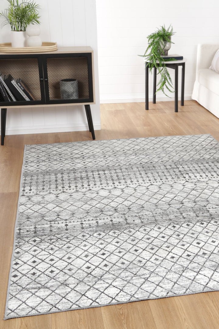 Modern Geometrical Ivory And Grey Machine Washable Rug - Image 2