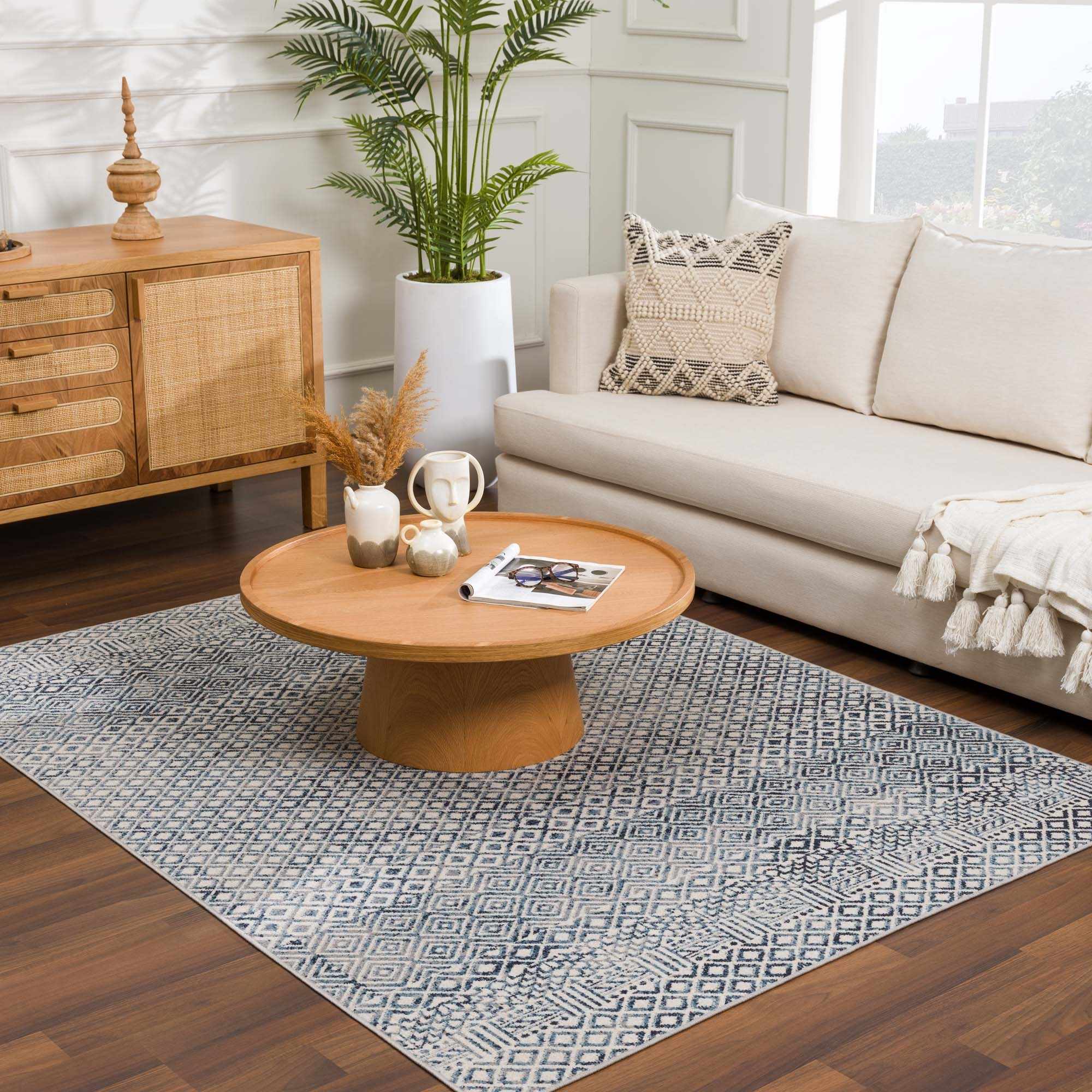 Modern Geometrical Ivory, and Teal Washable Area Rug - Image 15