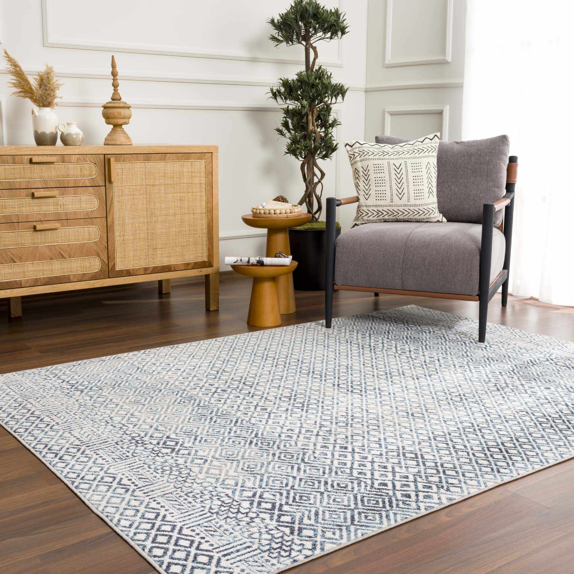 Modern Geometrical Ivory, and Teal Washable Area Rug - Image 16