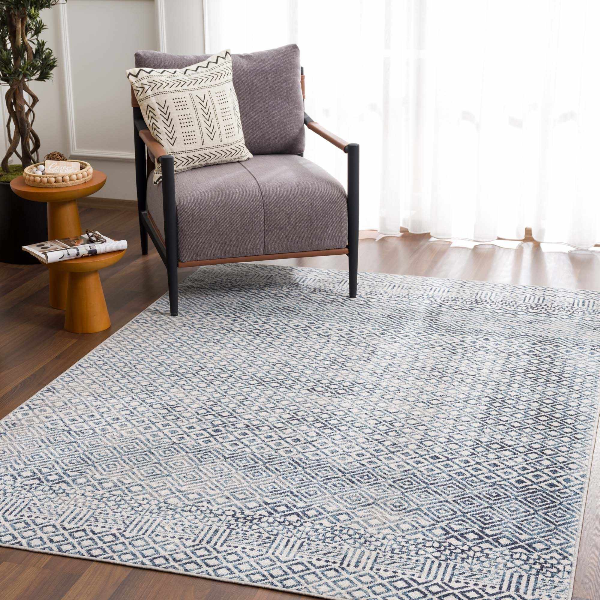 Modern Geometrical Ivory, and Teal Washable Area Rug - Image 2
