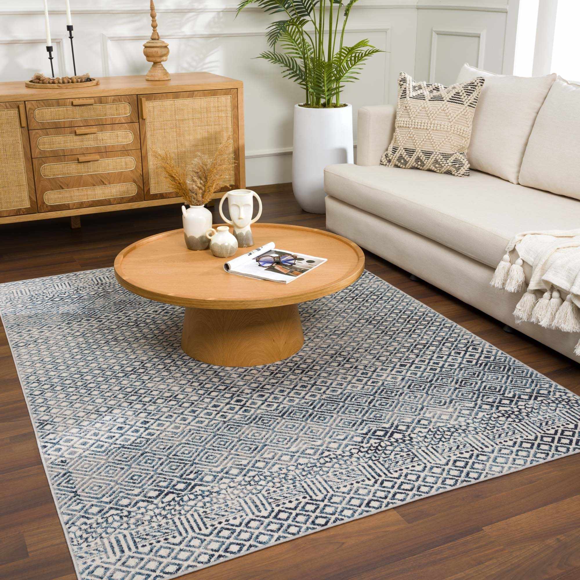Modern Geometrical Ivory, and Teal Washable Area Rug - Image 3