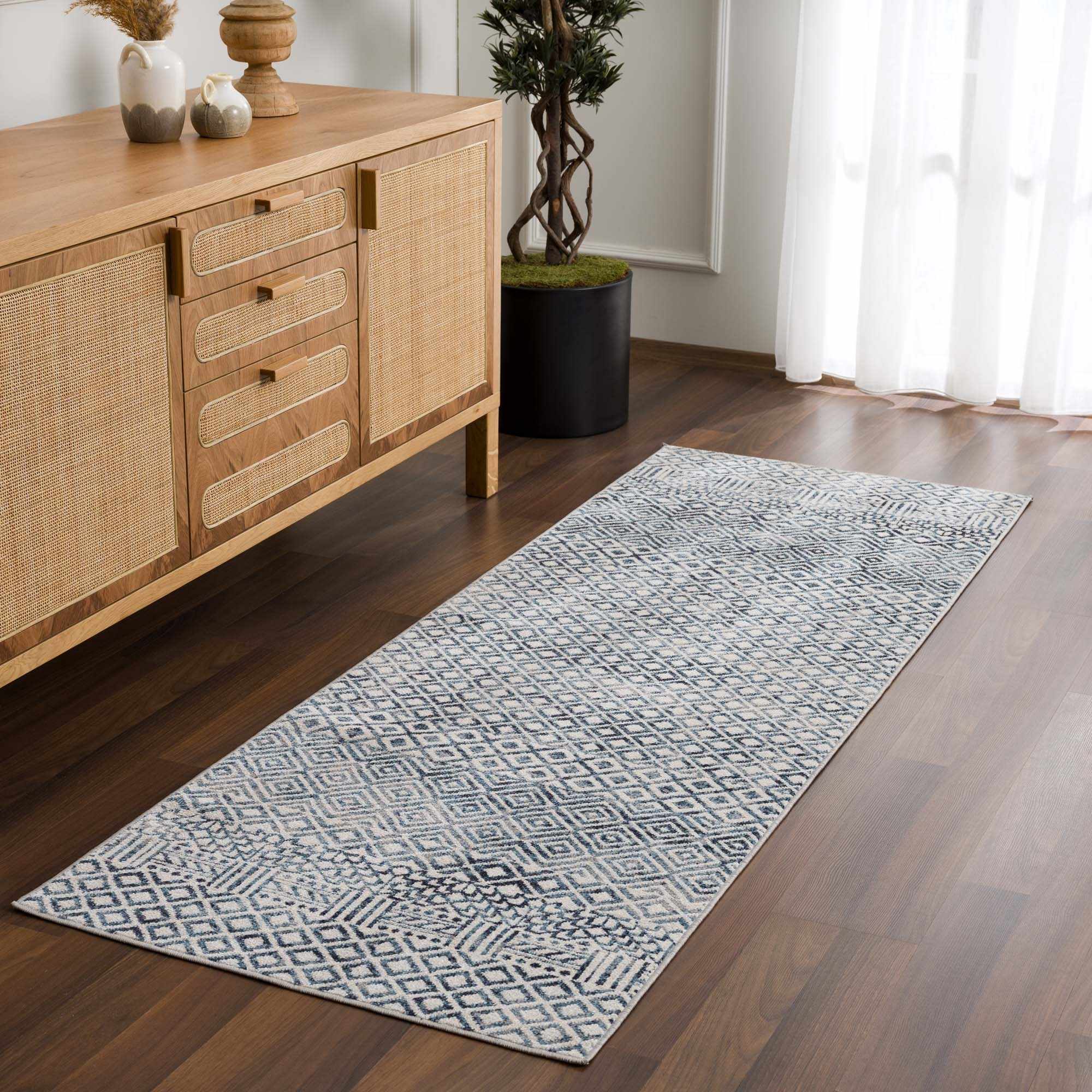 Modern Geometrical Ivory, and Teal Washable Area Rug - Image 4