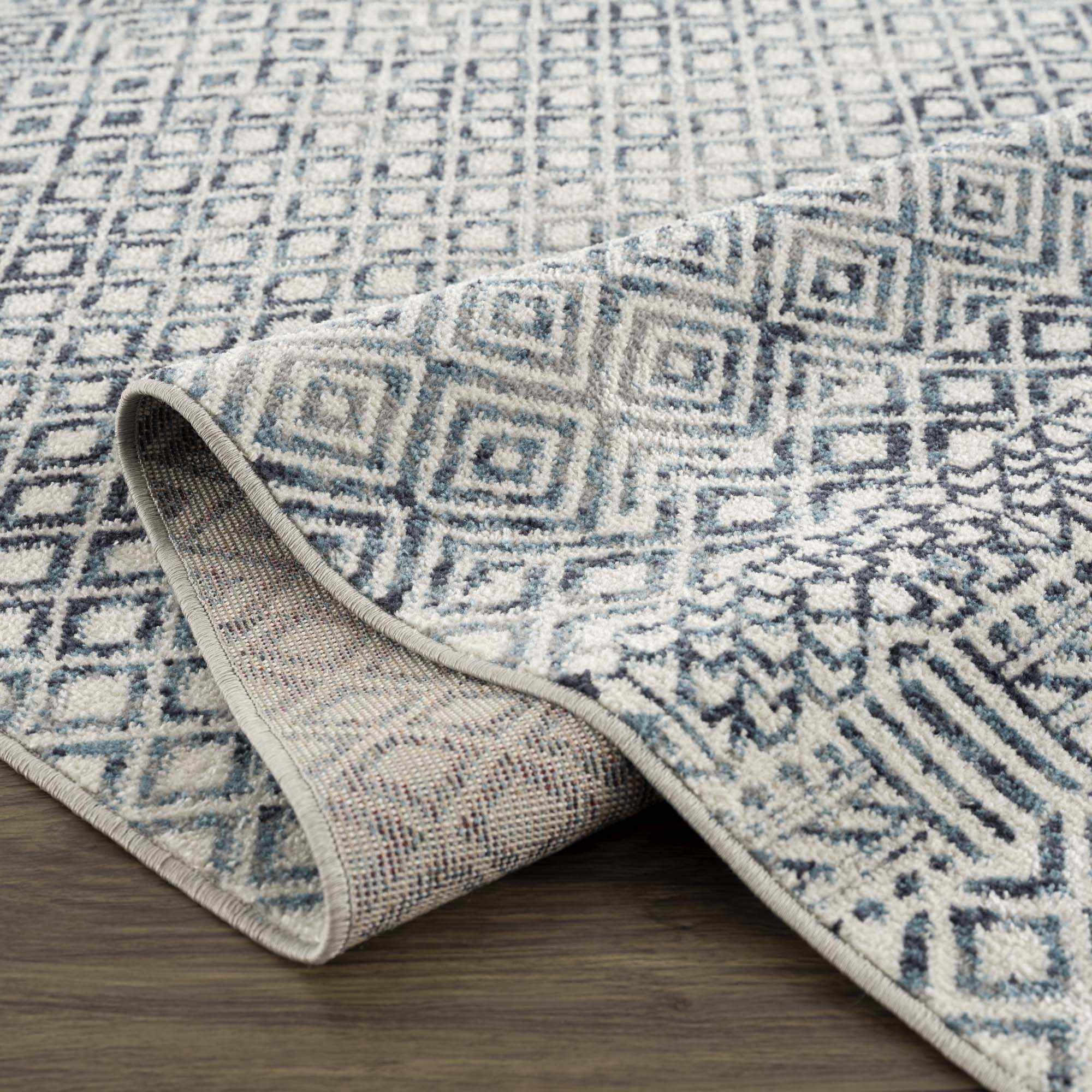 Modern Geometrical Ivory, and Teal Washable Area Rug - Image 9
