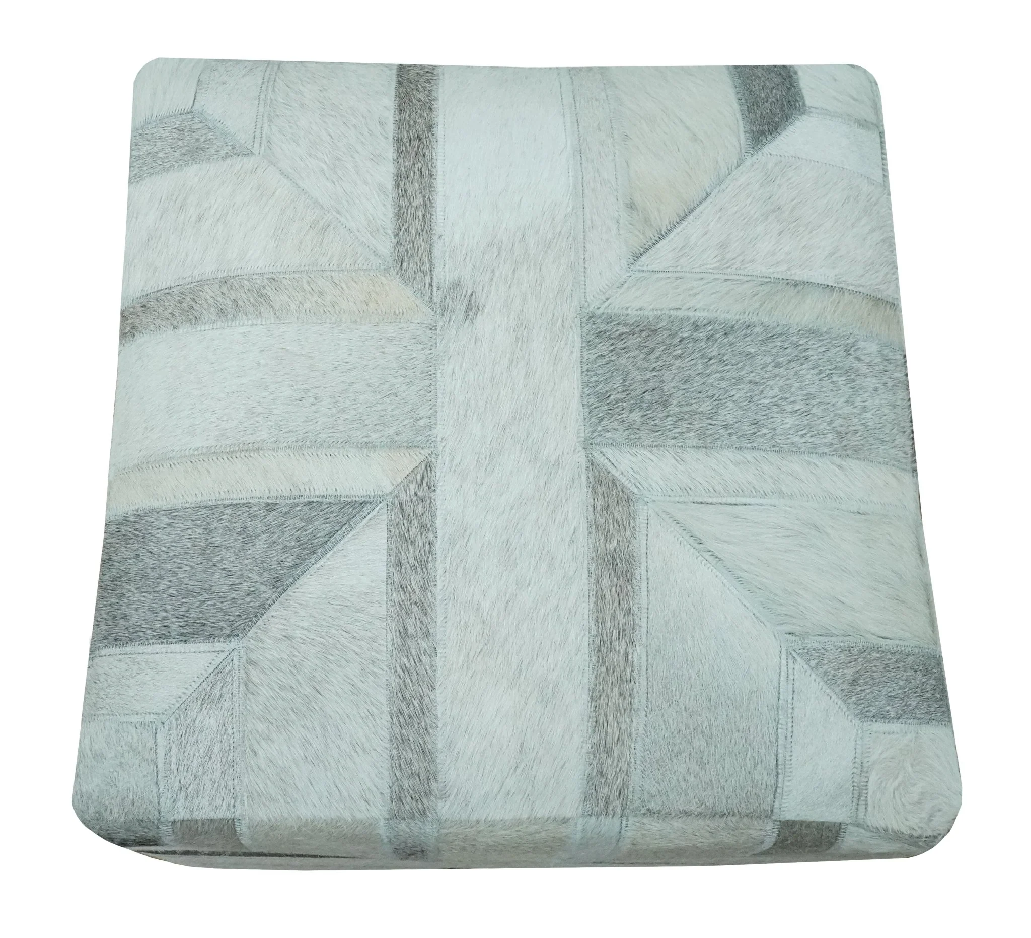 Modern Geometrical Ivory, Gray, Beige Genuine Leather Pouf - Image 3