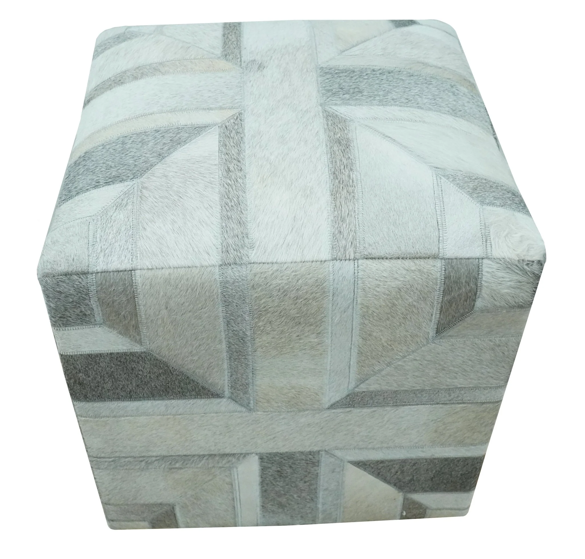 Modern Geometrical Ivory, Gray, Beige Genuine Leather Pouf - Image 4