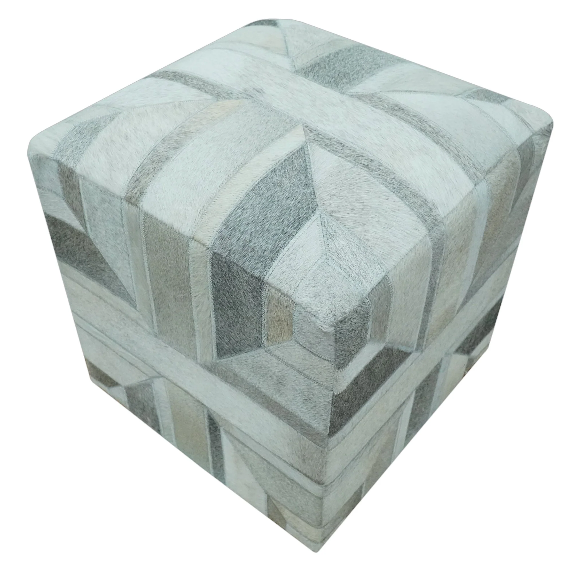 Modern Geometrical Ivory, Gray, Beige Genuine Leather Pouf - Image 5