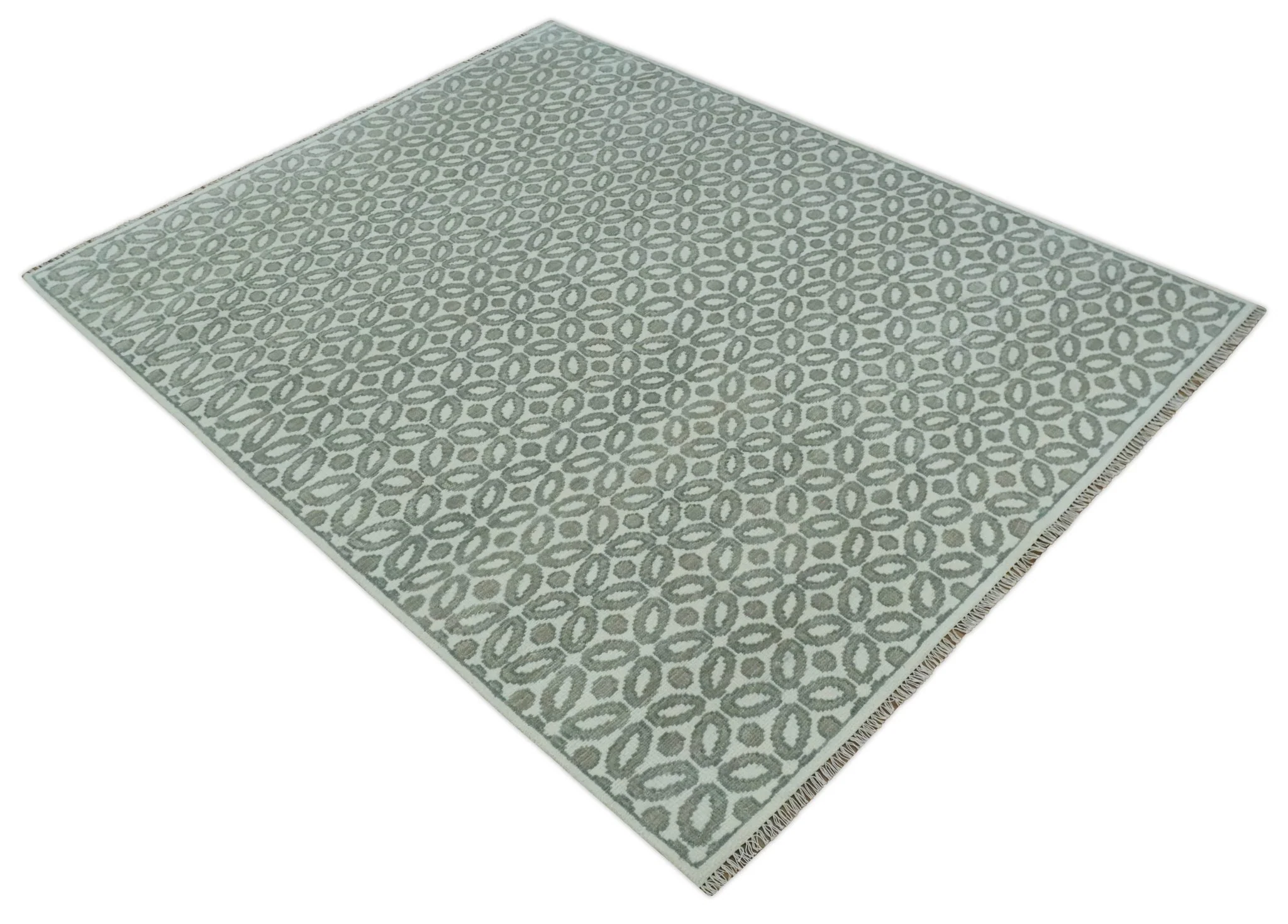 Modern Geometrical Ivory, Teal and Brown Hand Knotted 8x10 wool Area Rug - Image 10