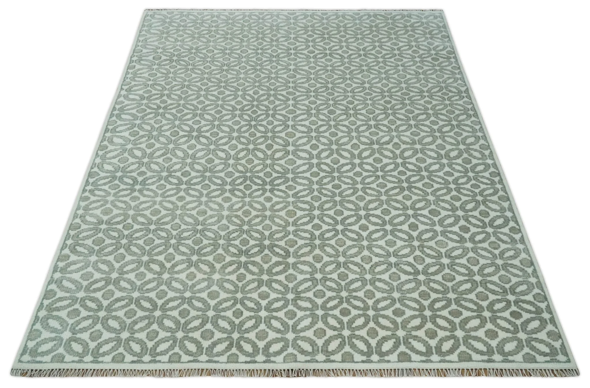 Modern Geometrical Ivory, Teal and Brown Hand Knotted 8x10 wool Area Rug - Image 11