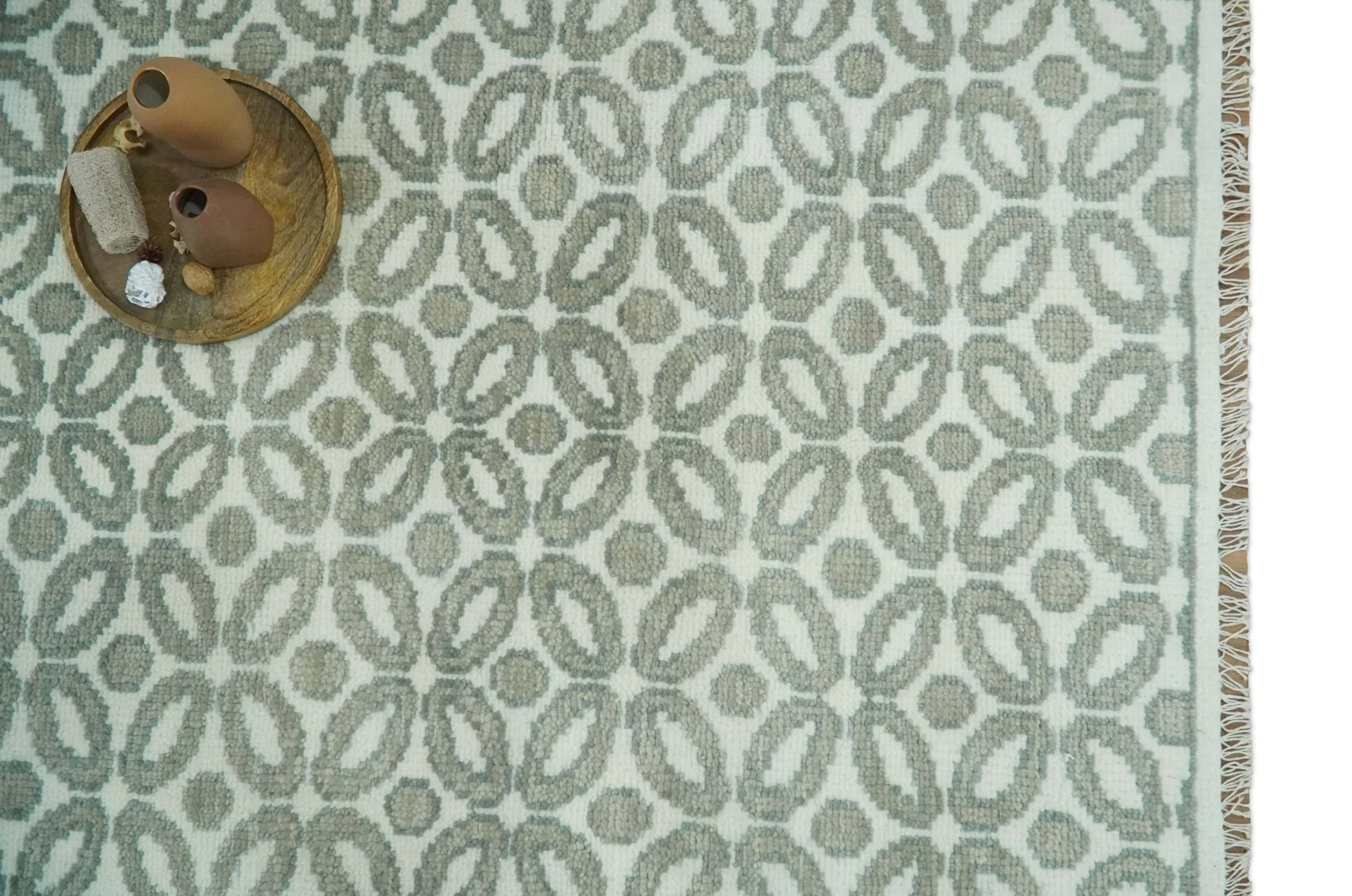 Modern Geometrical Ivory, Teal and Brown Hand Knotted 8x10 wool Area Rug - Image 12